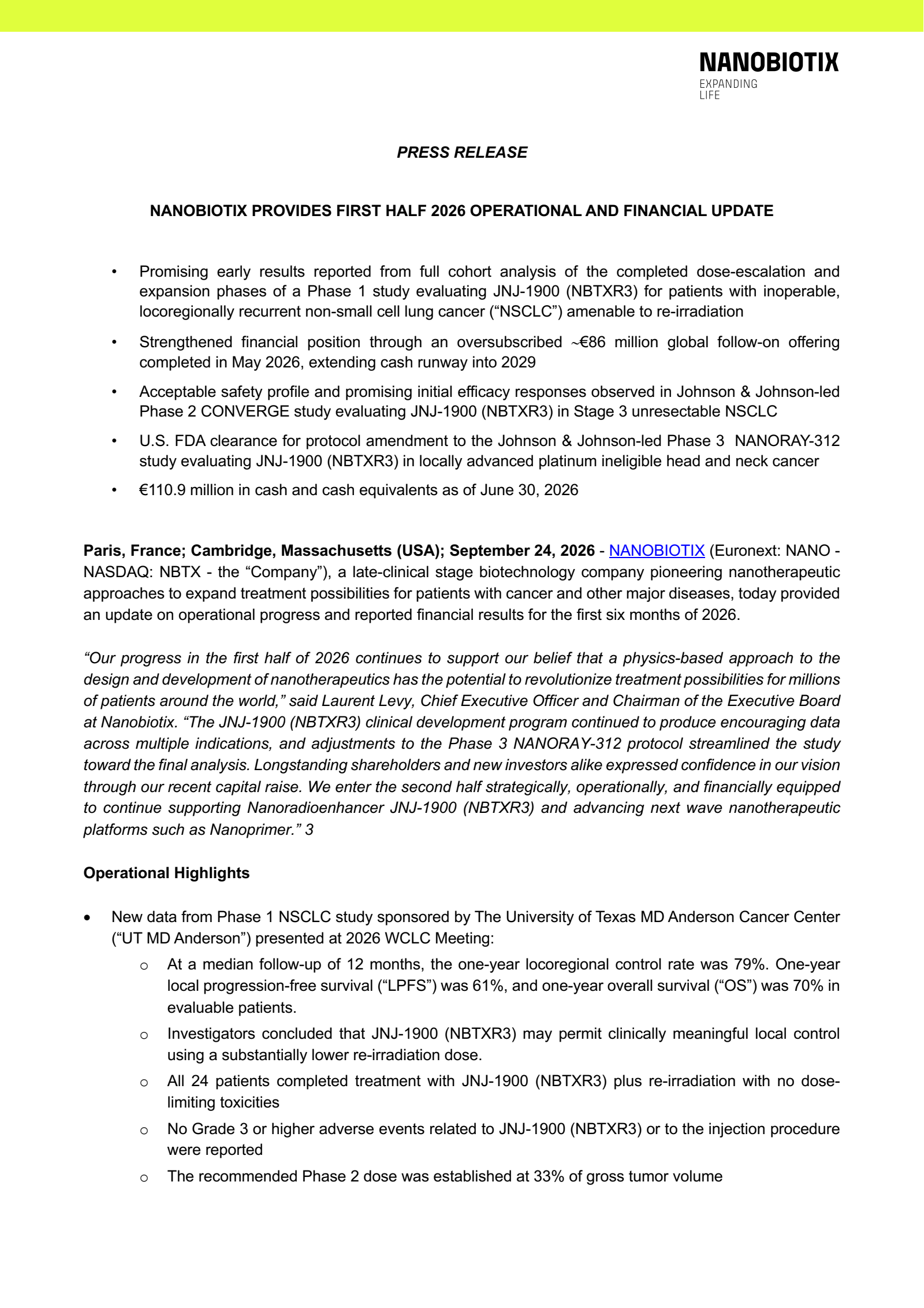 Nanobiotix's H1 2026 Press Release