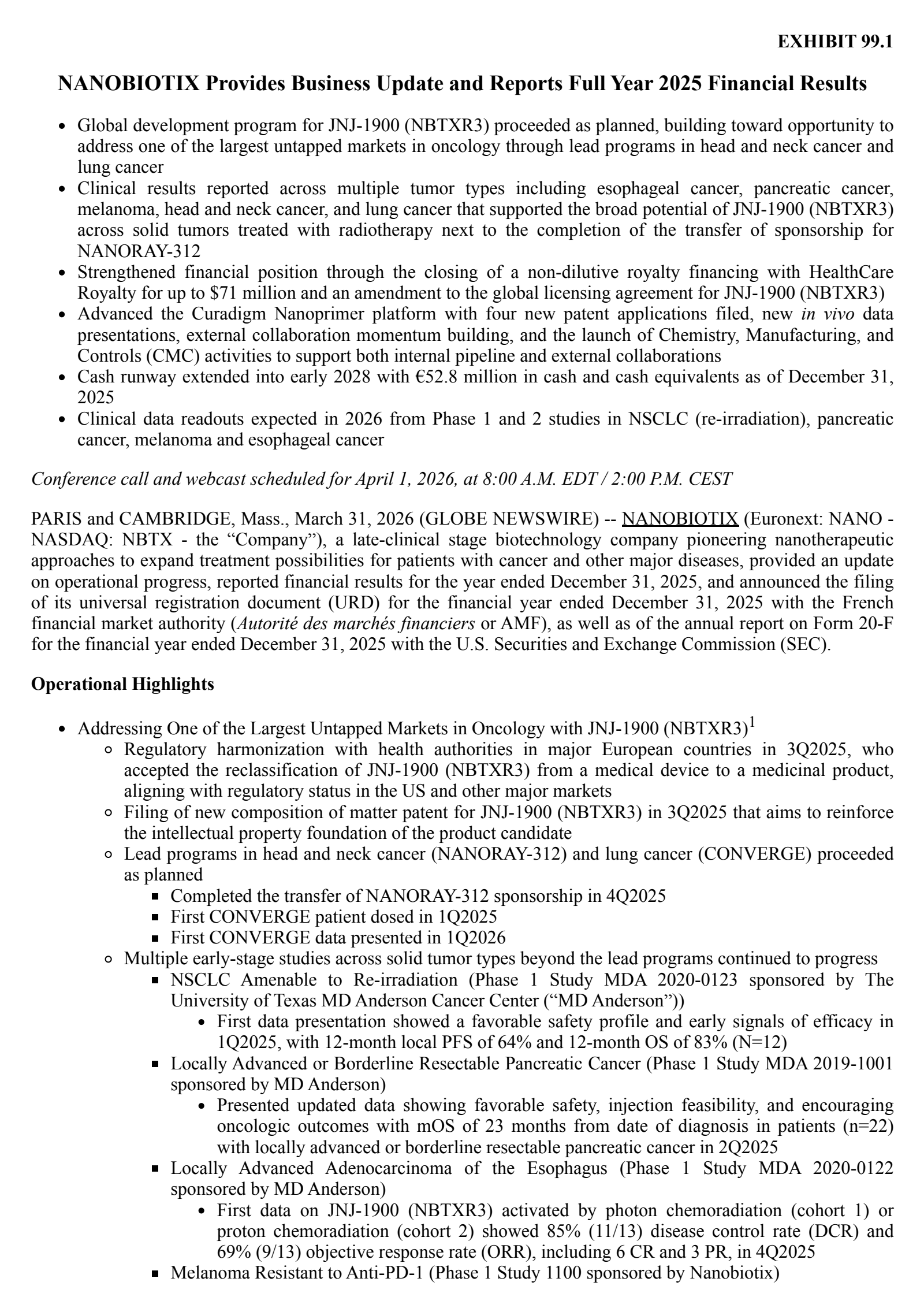 Nanobiotix's H2 2025 Press Release