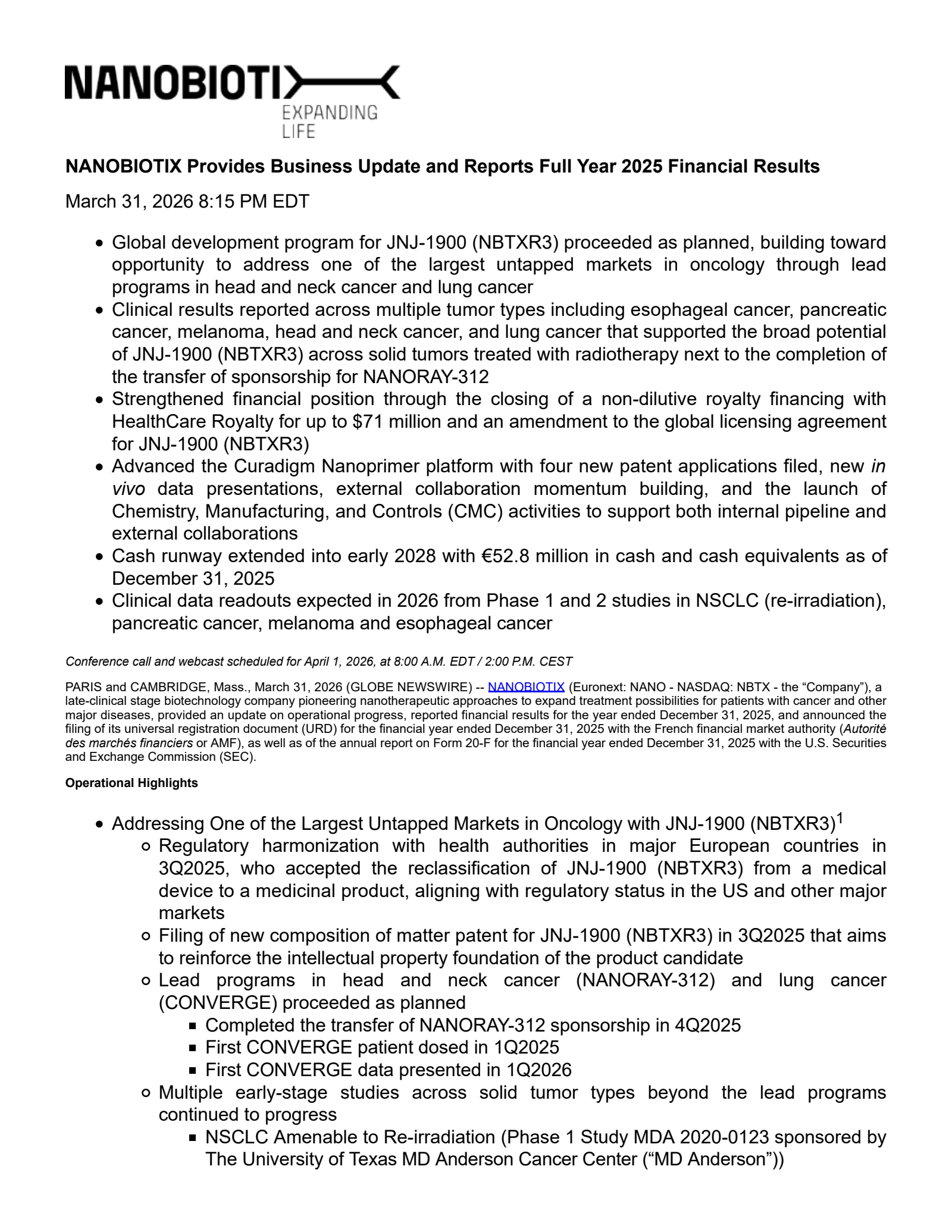 Nanobiotix's H2 2025 Press Release