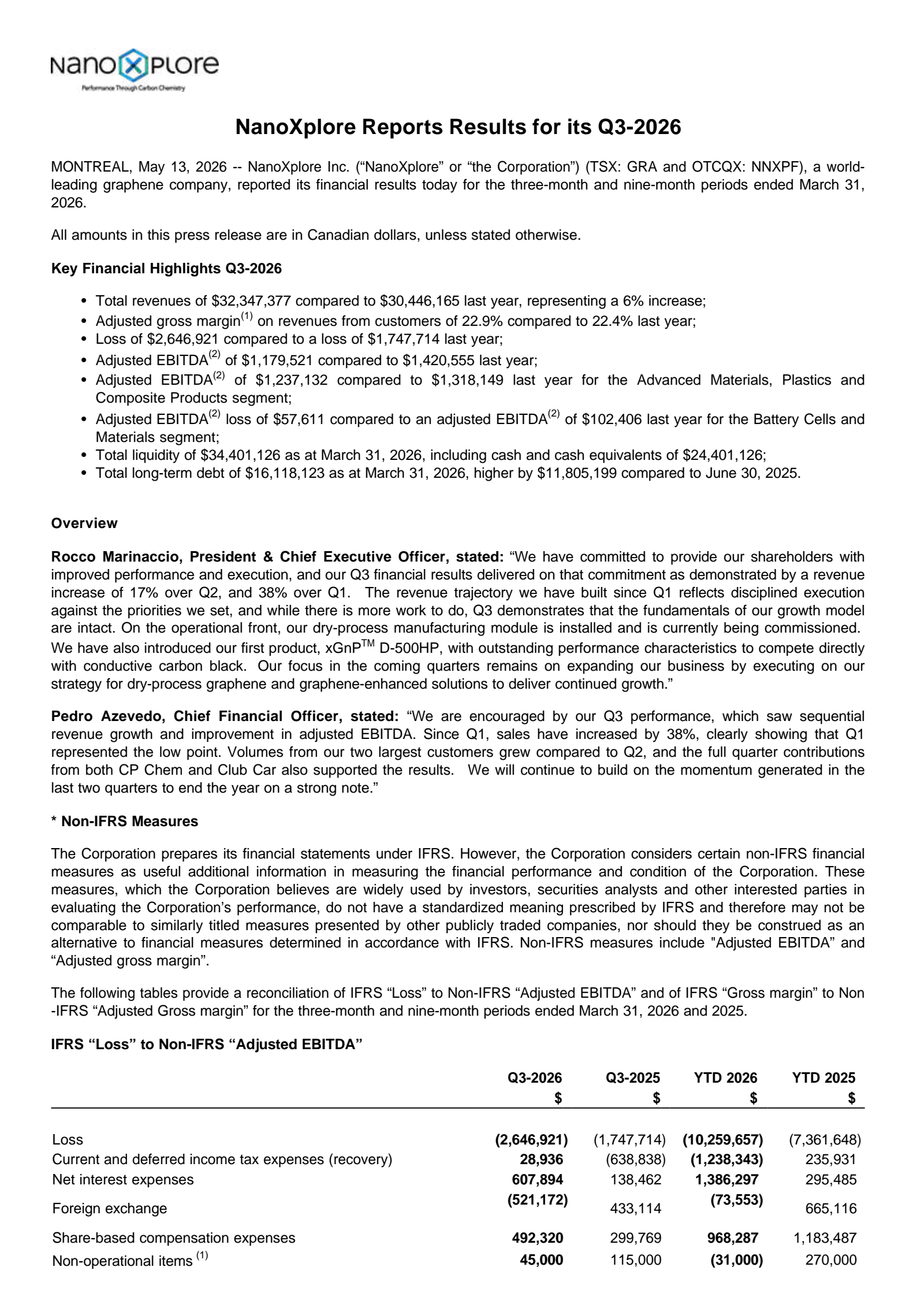 NanoXplore's Q3 2026 Press Release
