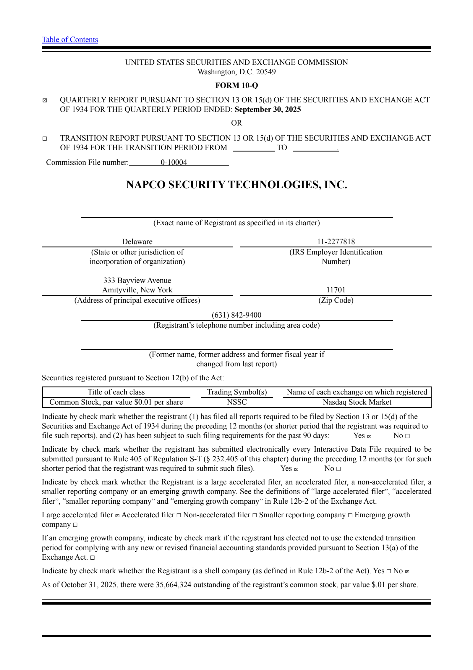 NAPCO Security Technologies' Q1 2026 Quarterly Report