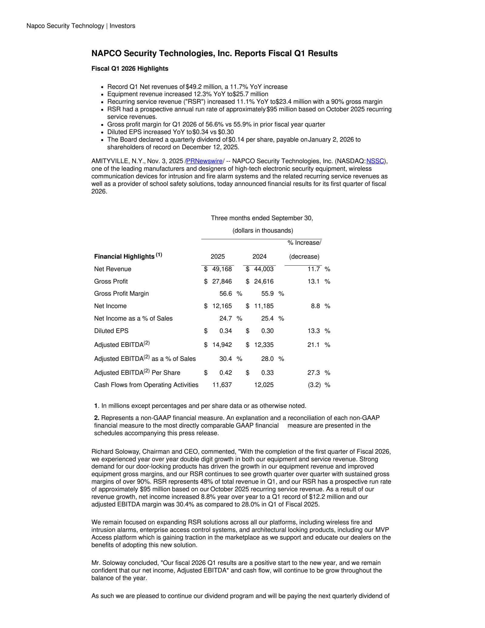 NAPCO Security Technologies' Q1 2026 Earnings Release