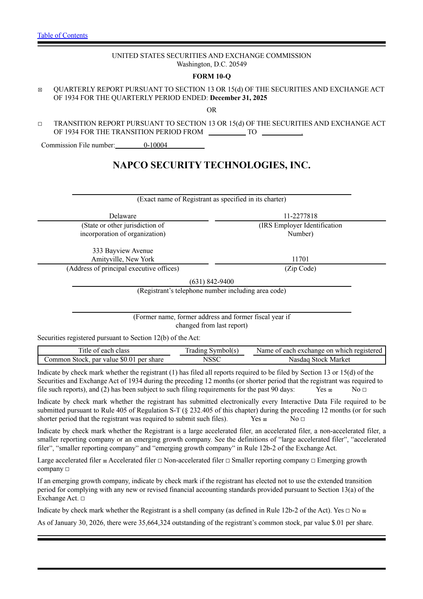 NAPCO Security Technologies' Q2 2026 Quarterly report