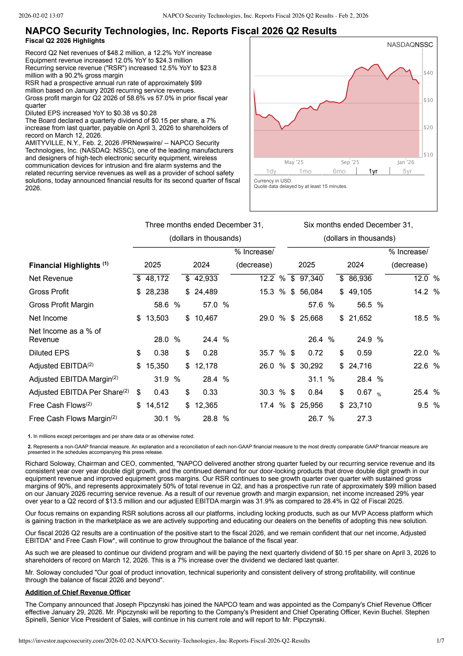 NAPCO Security Technologies' Q2 2026 Press Release