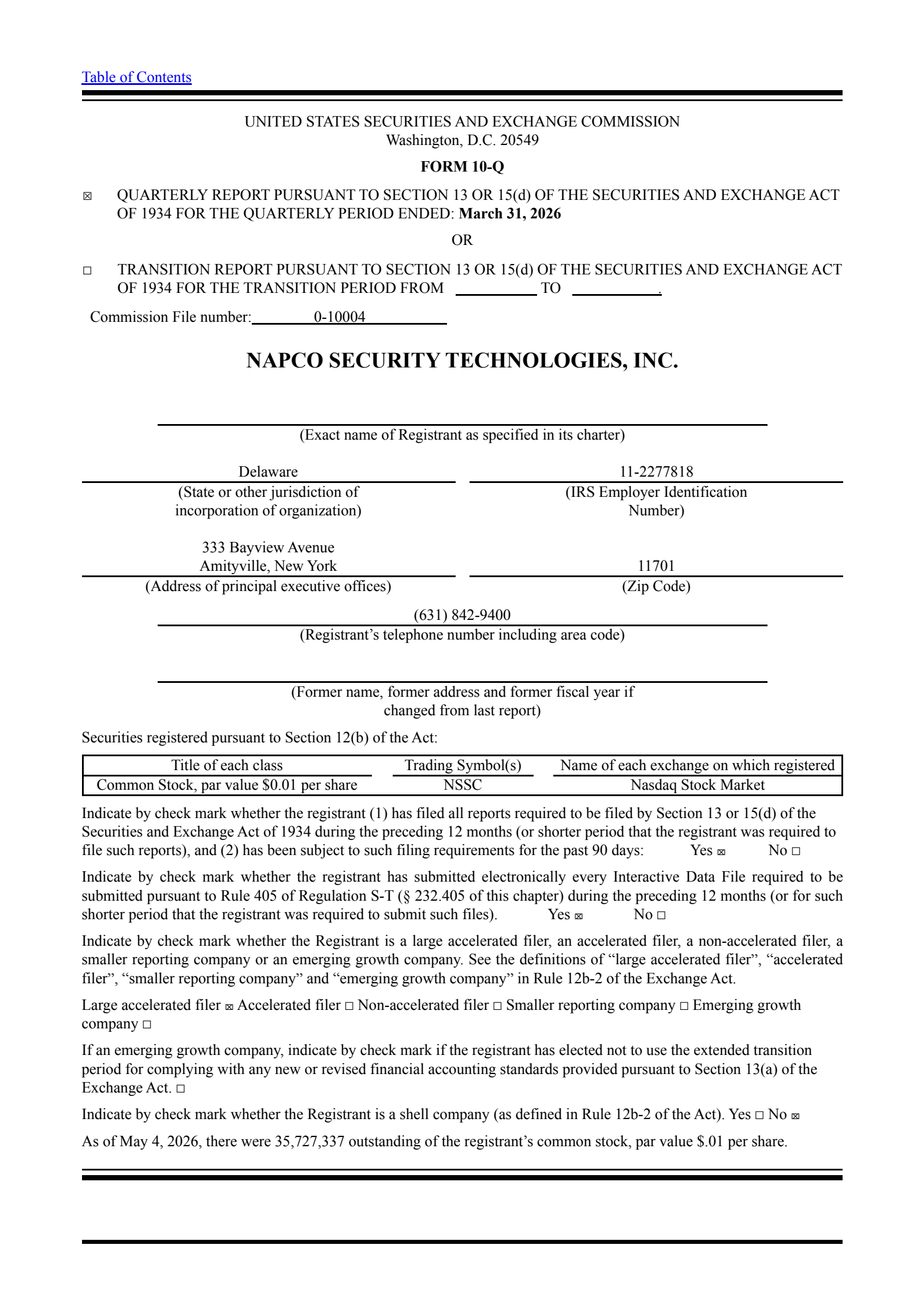 NAPCO Security Technologies' Q3 2026 Quarterly report