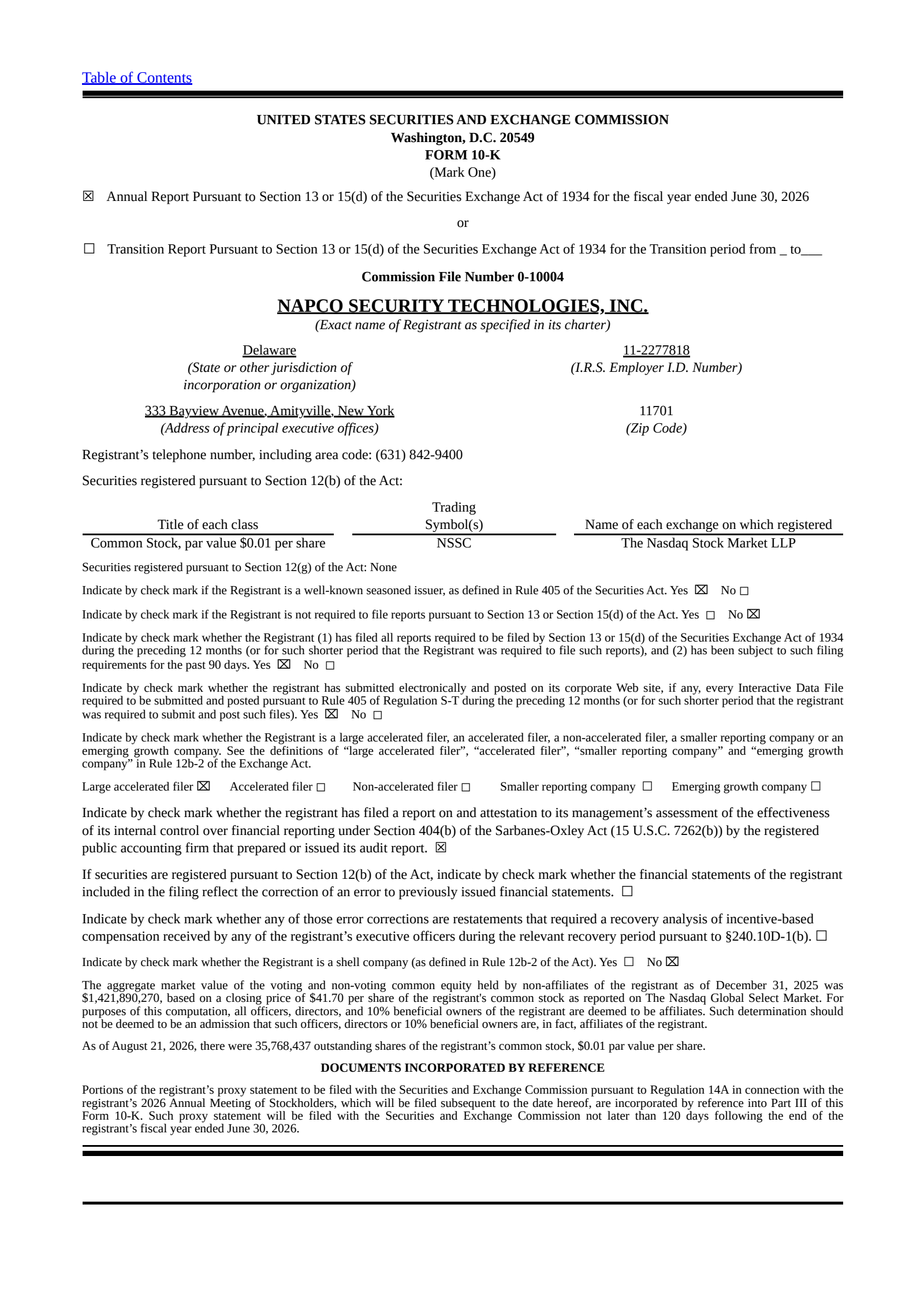 NAPCO Security Technologies' Q4 2026 Annual report