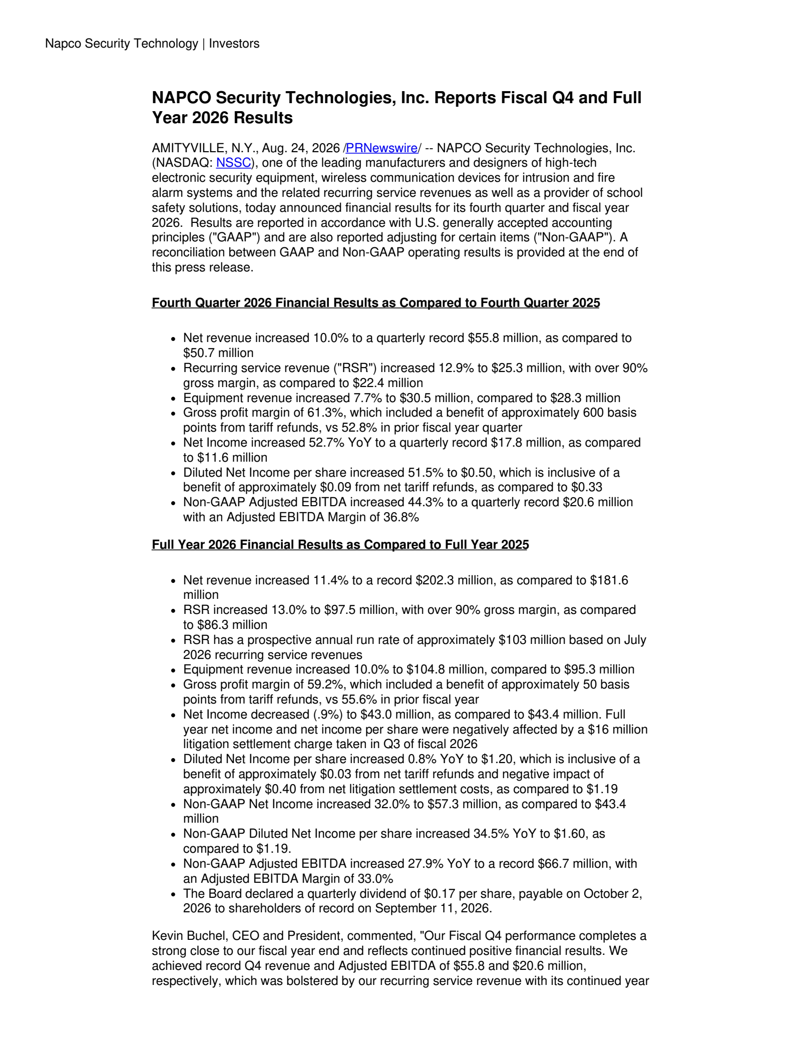 NAPCO Security Technologies' Q4 2026 Press Release