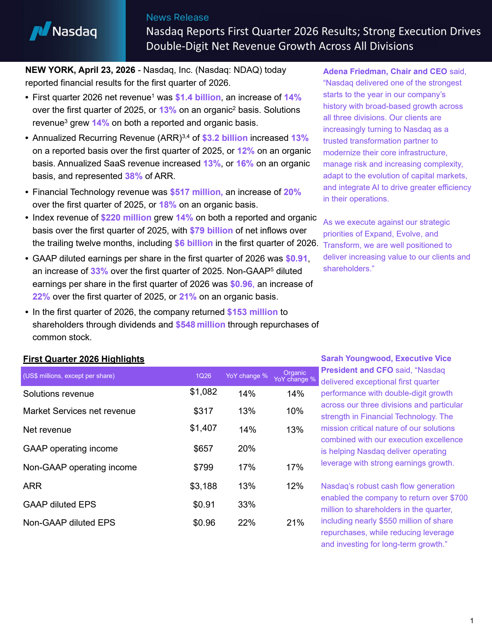 Nasdaq's Q1 2026 Press Release