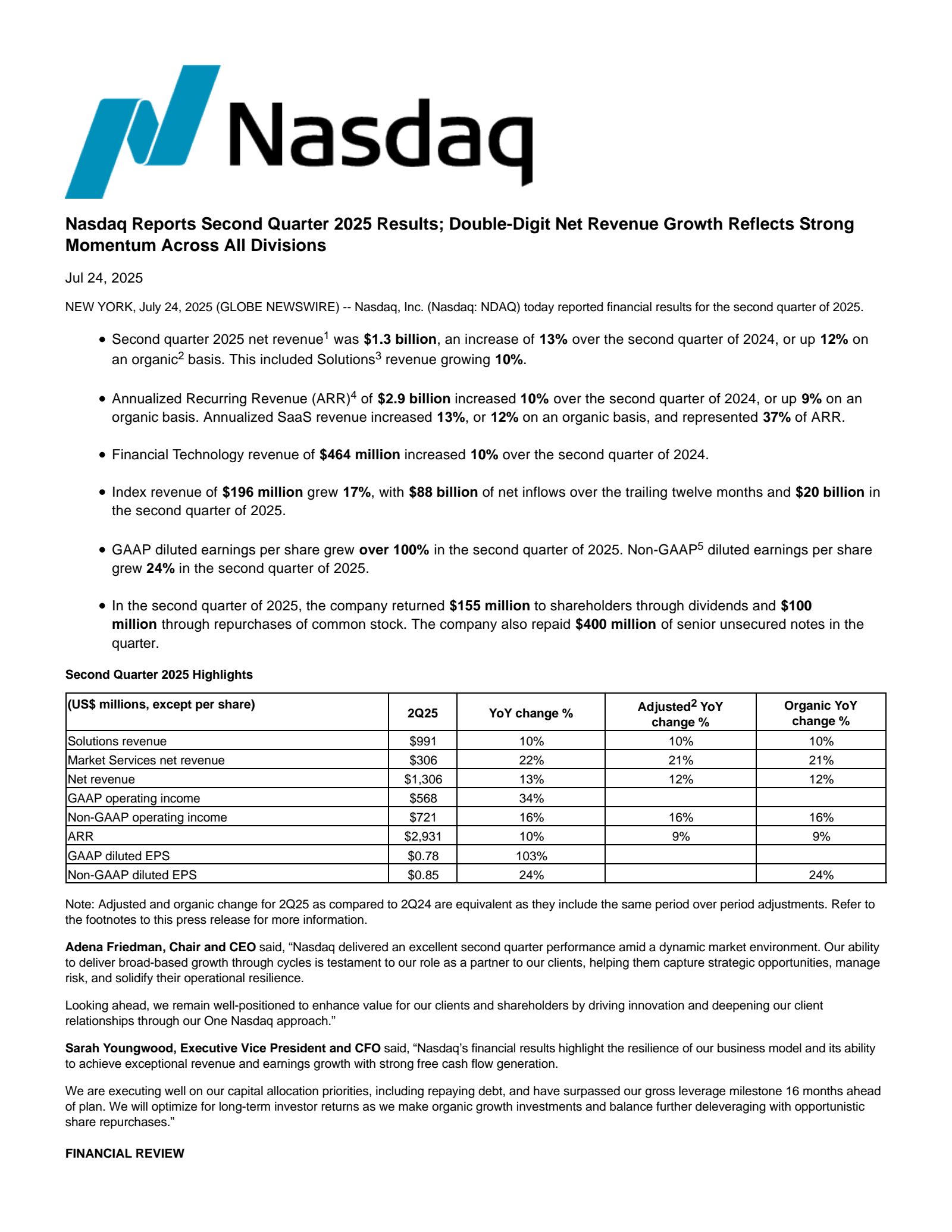 Nasdaq's Q2 2025 Press Release