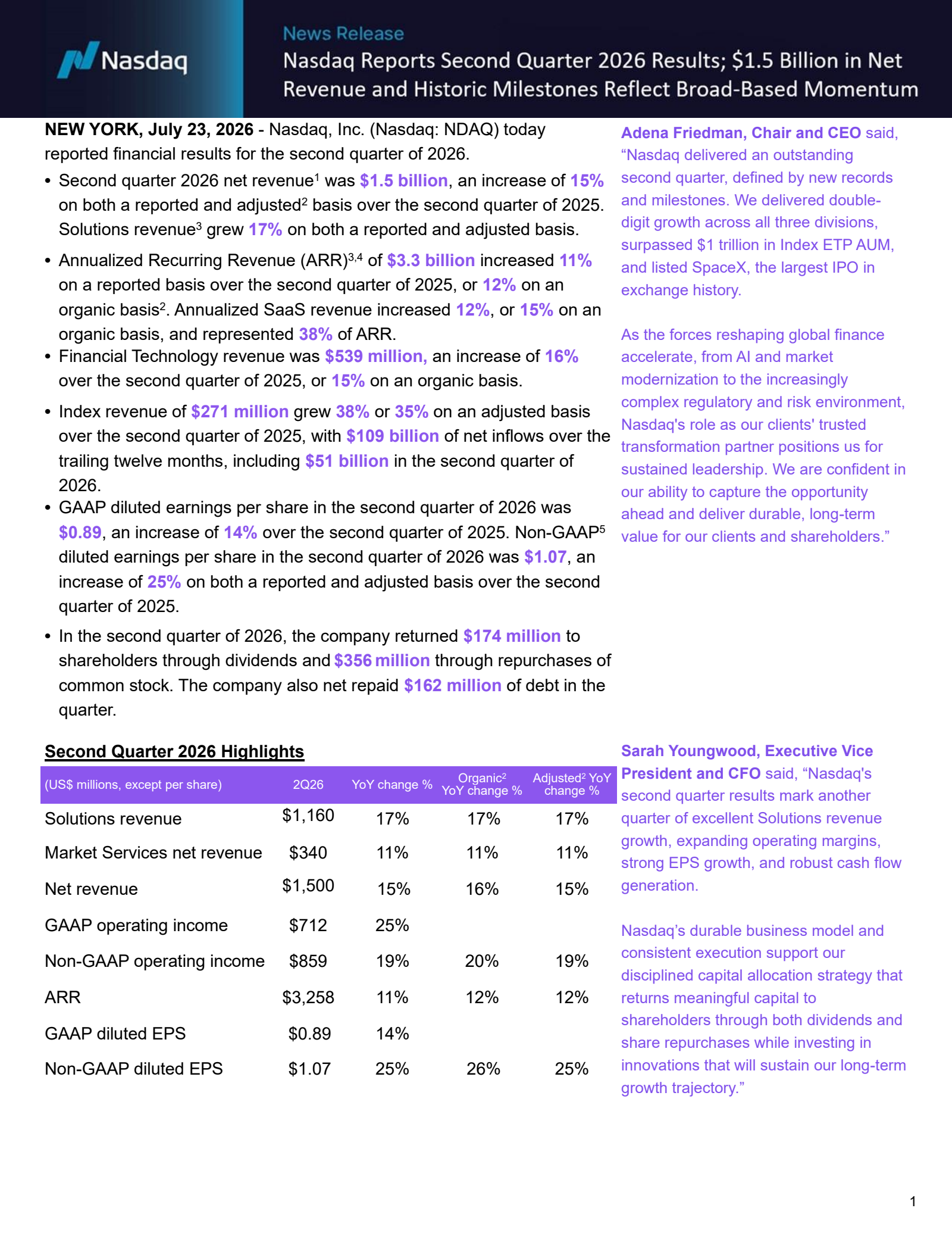 Nasdaq's Q2 2026 Press Release