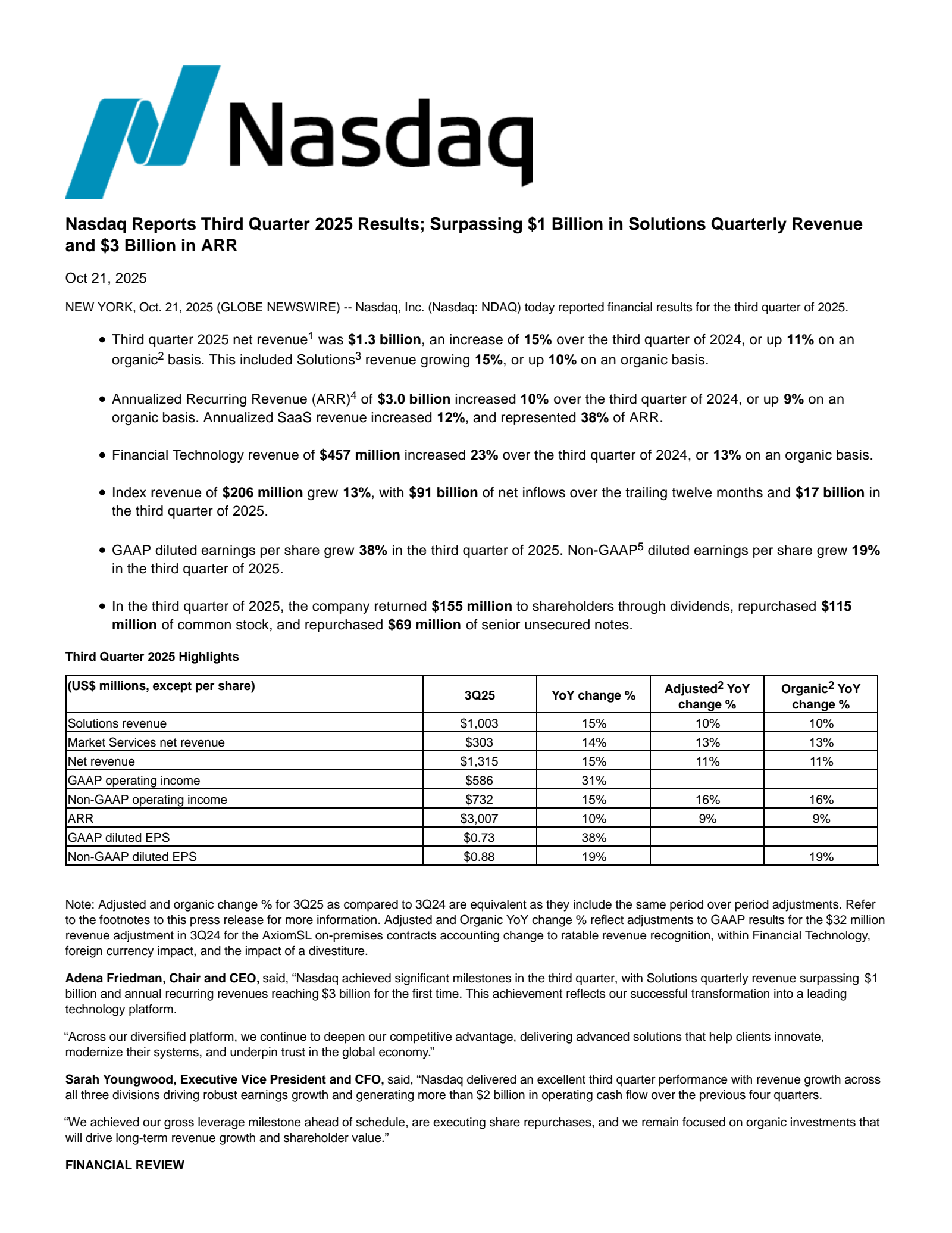 Nasdaq's Q3 2025 Earnings Release