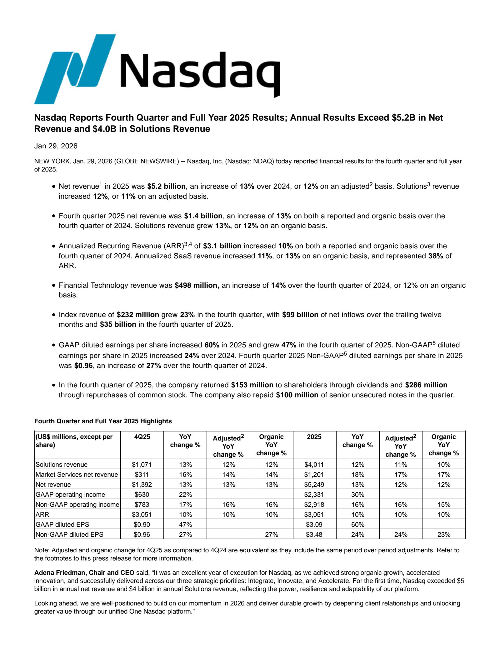 Nasdaq's Q4 2025 Press Release