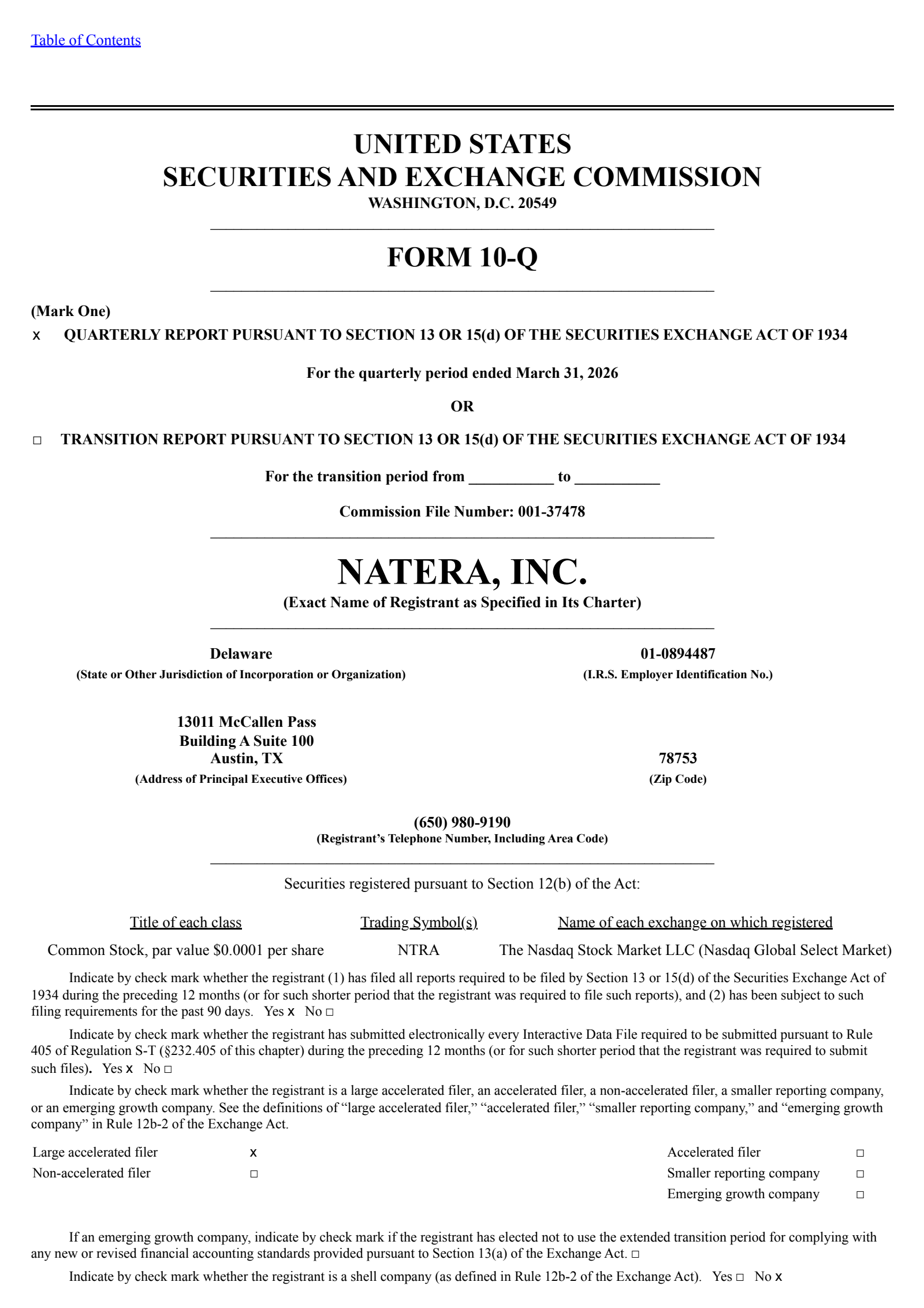 Natera's Q1 2026 Quarterly report