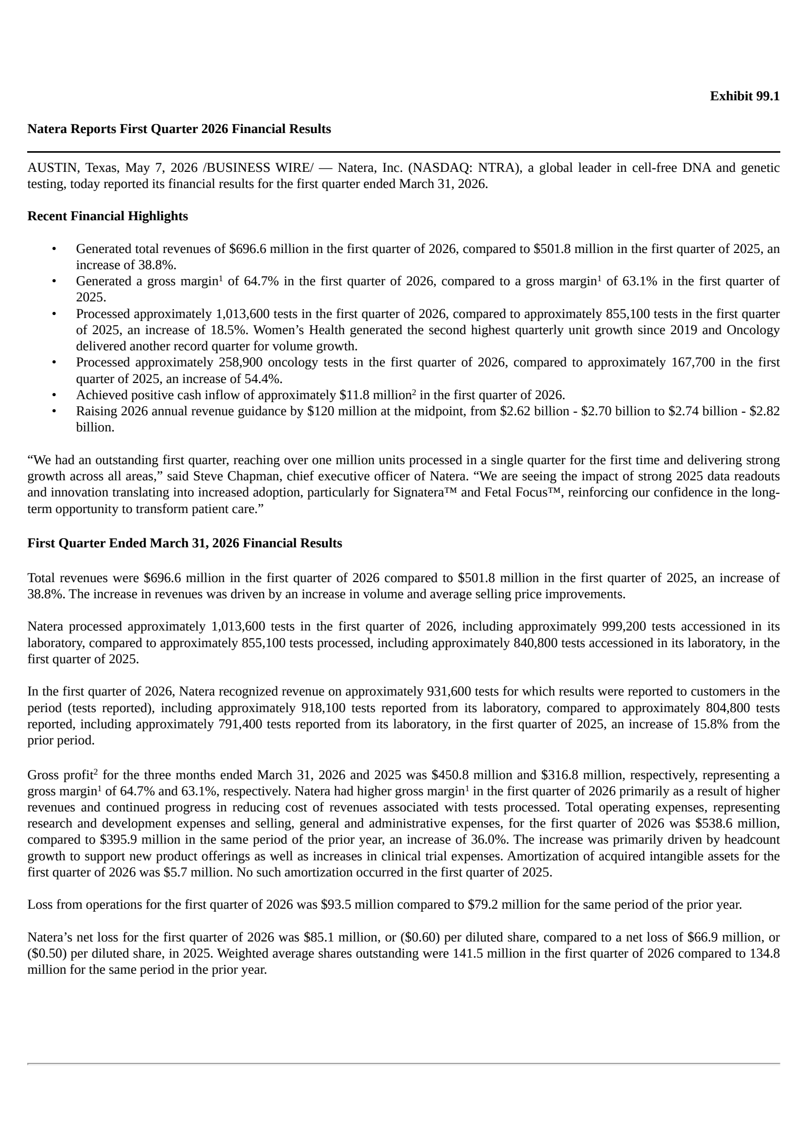 Natera's Q1 2026 Press Release