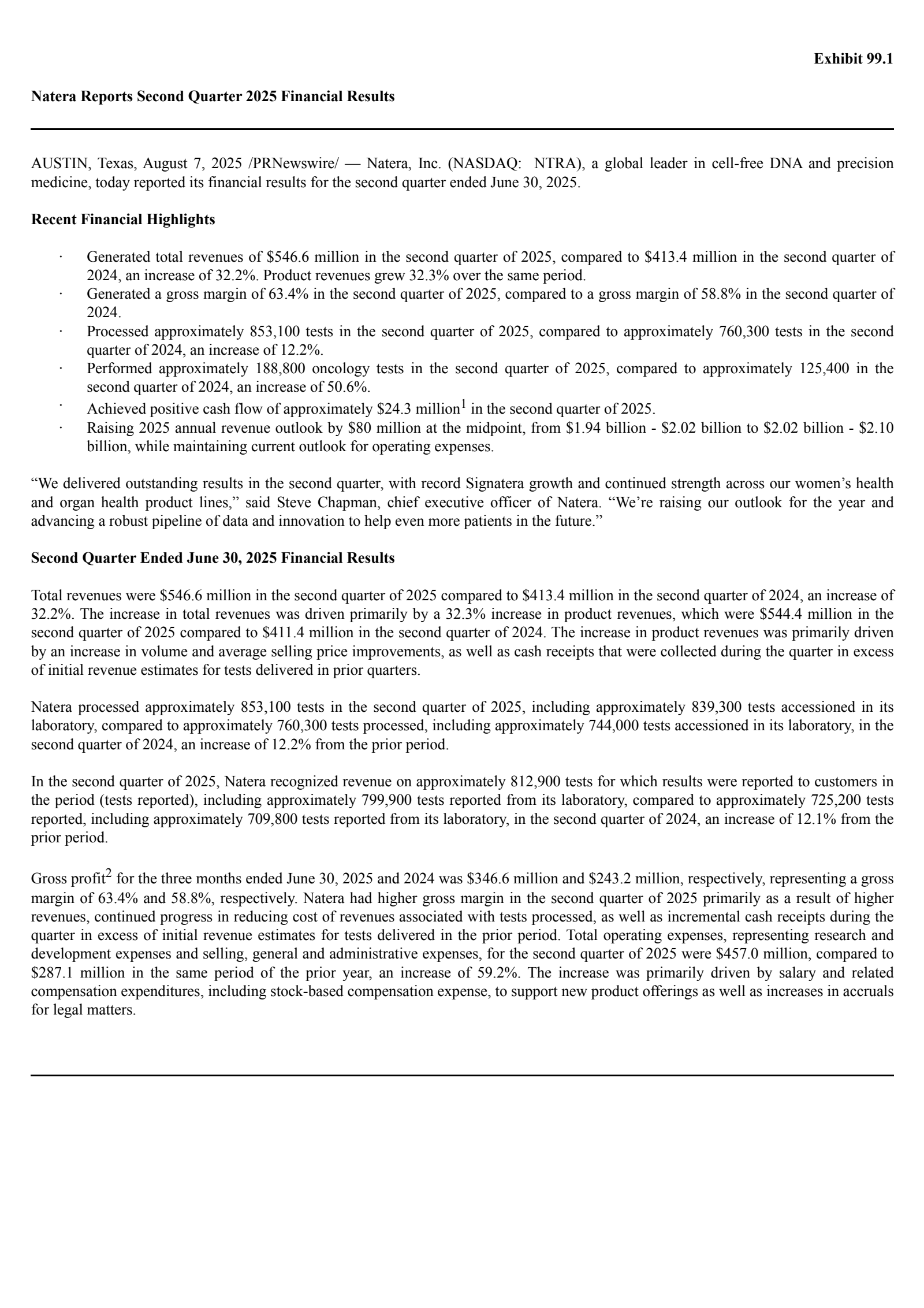 Natera's Q2 2025 Press Release