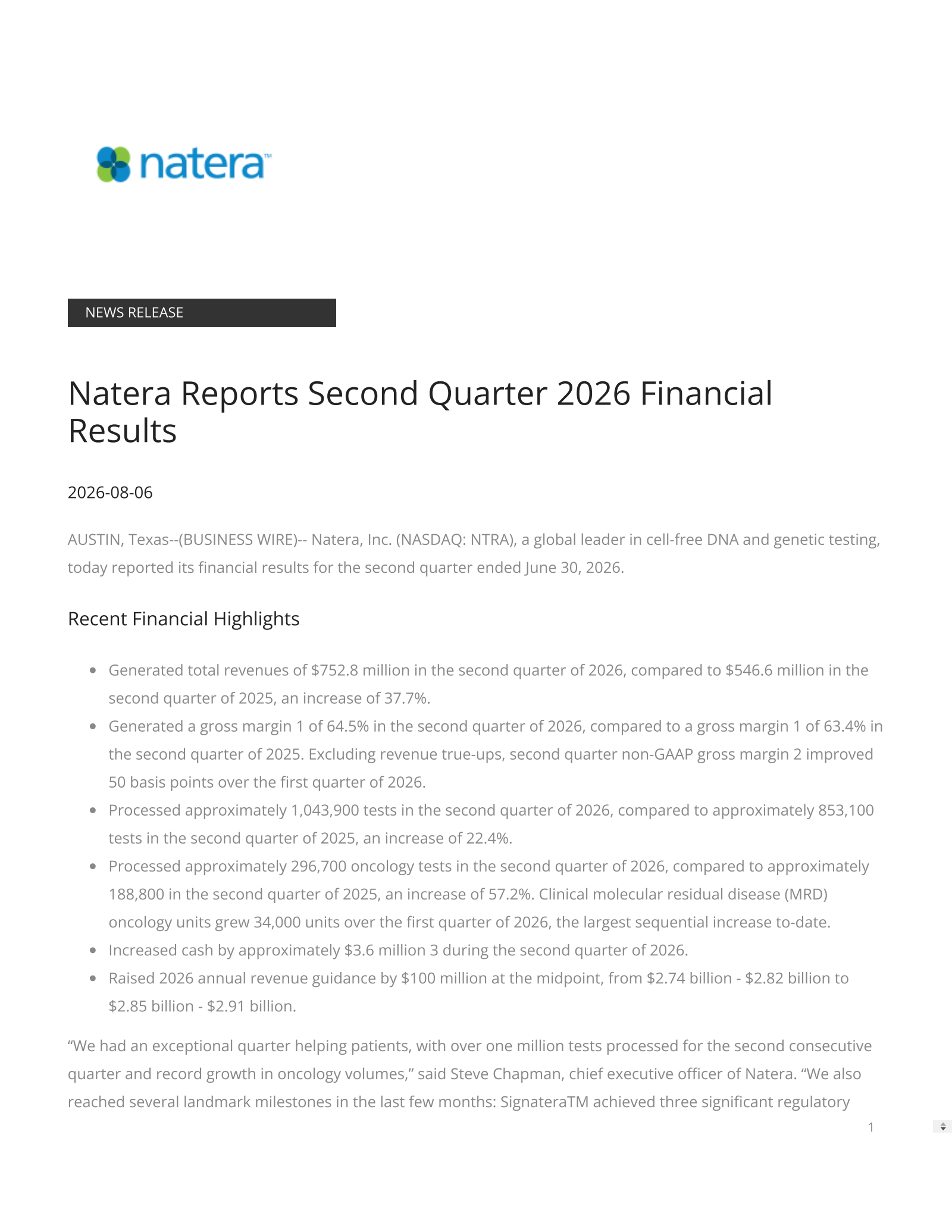 Natera's Q2 2026 Press Release