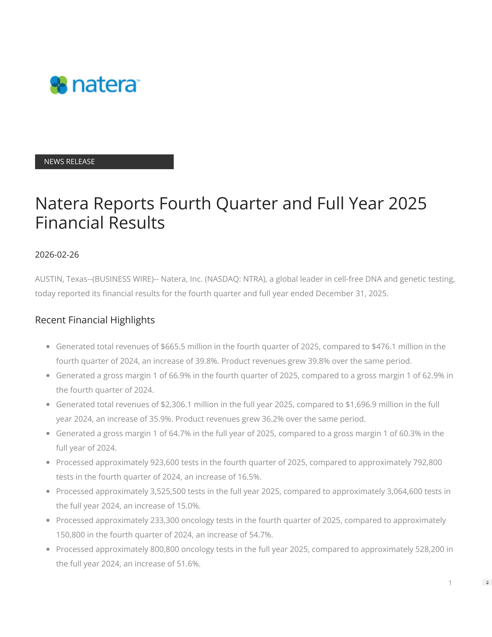 Natera's Q4 2025 Press Release