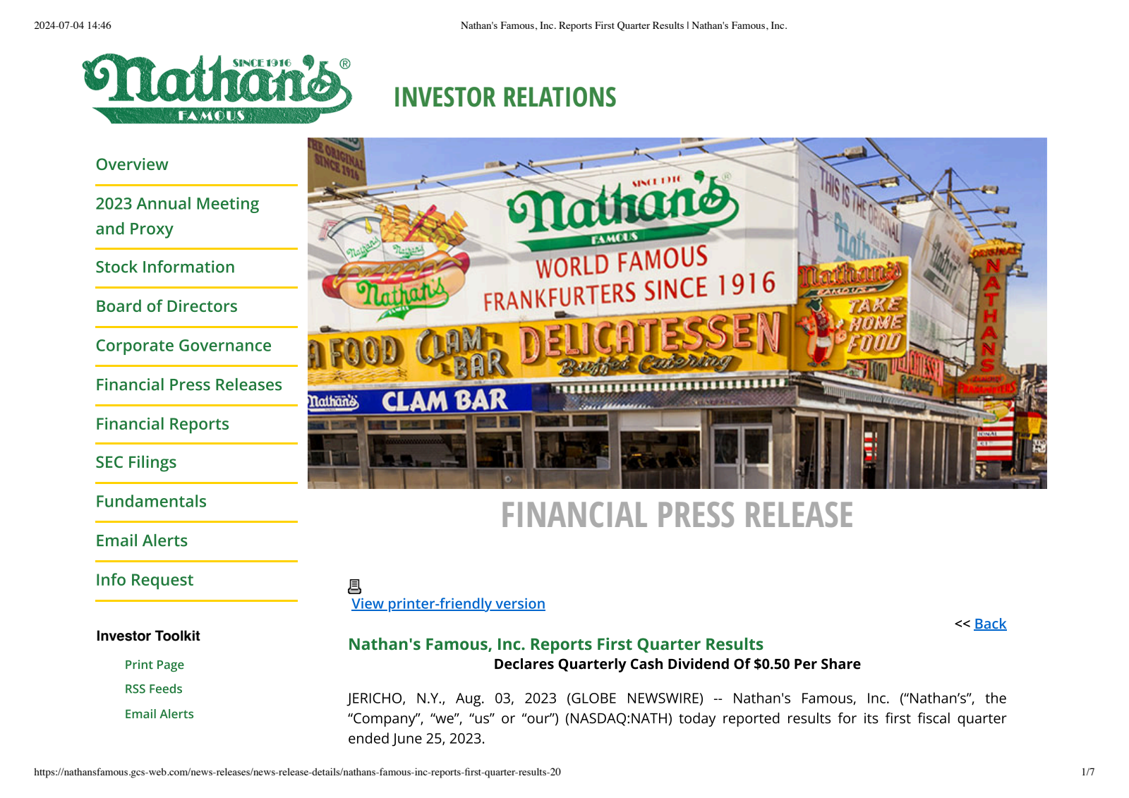 Nathan's Famous' Q1 2024 Press Release