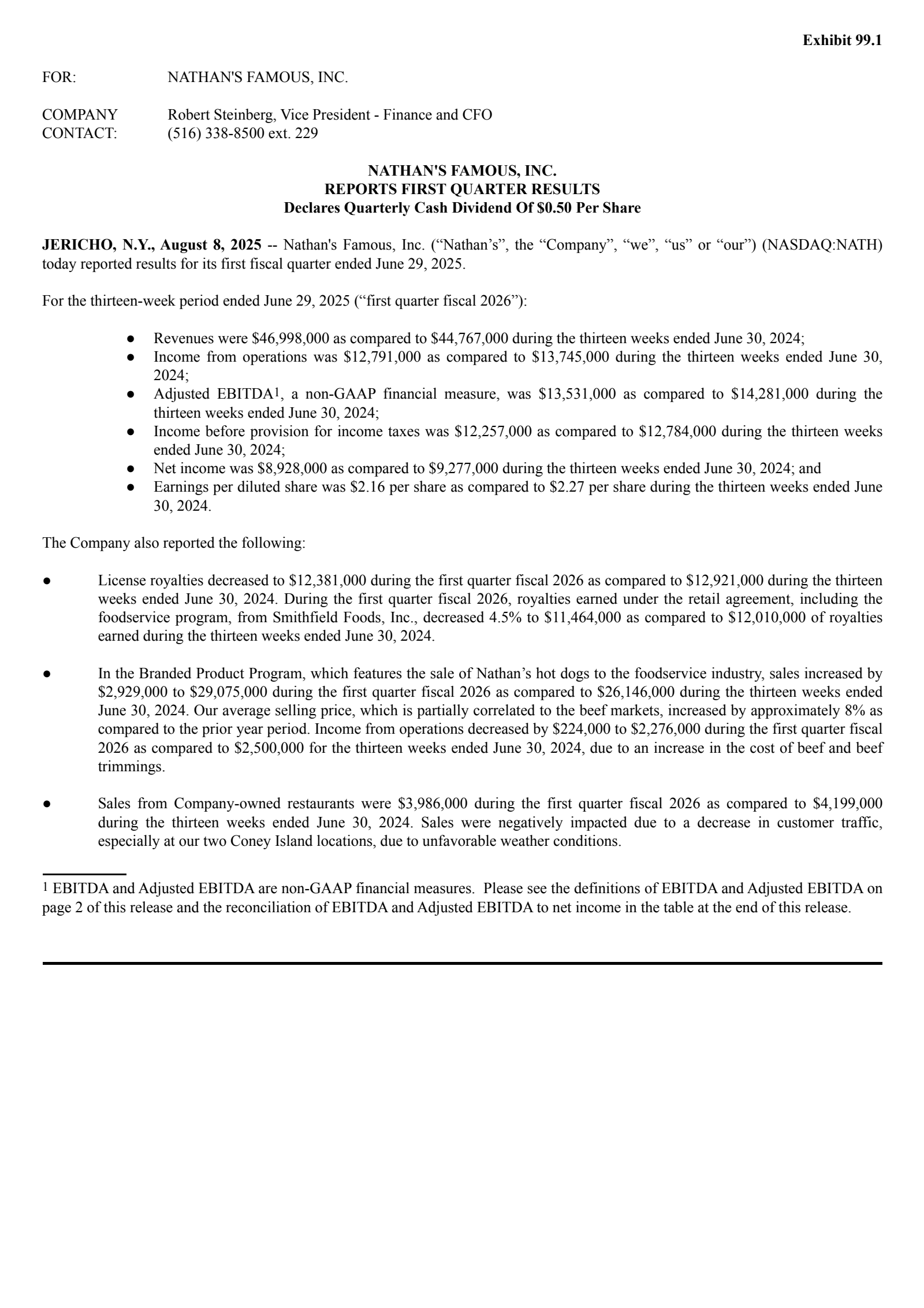 Nathan's Famous' Q1 2026 Press Release