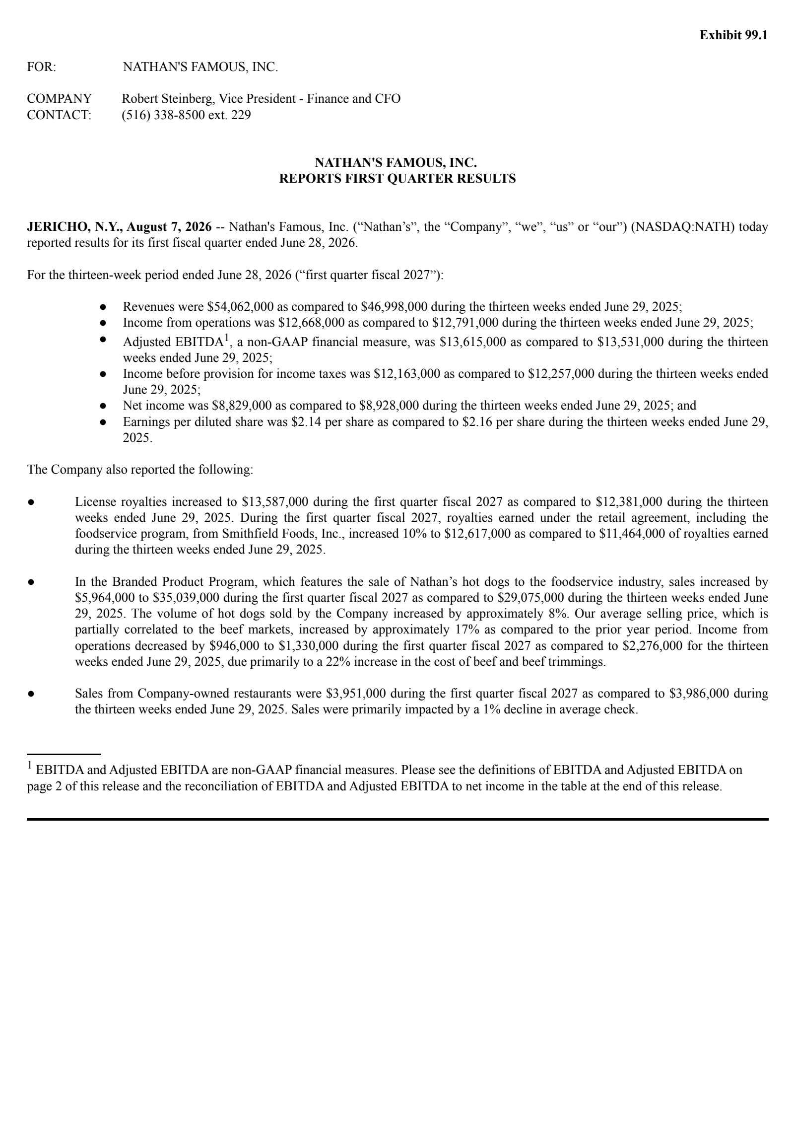 Nathan's Famous' Q1 2027 Press Release