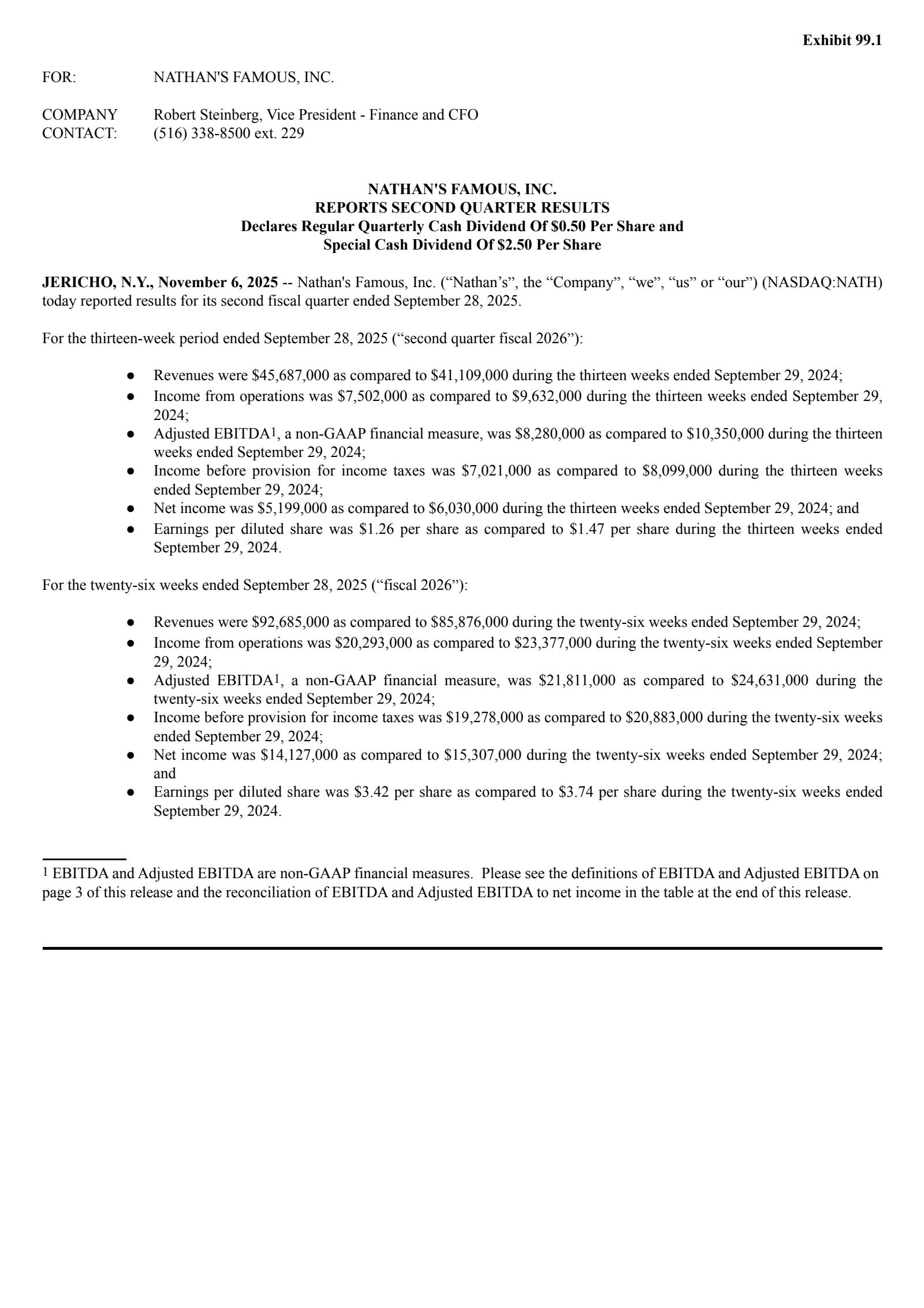 Nathan's Famous' Q2 2026 Earnings Release