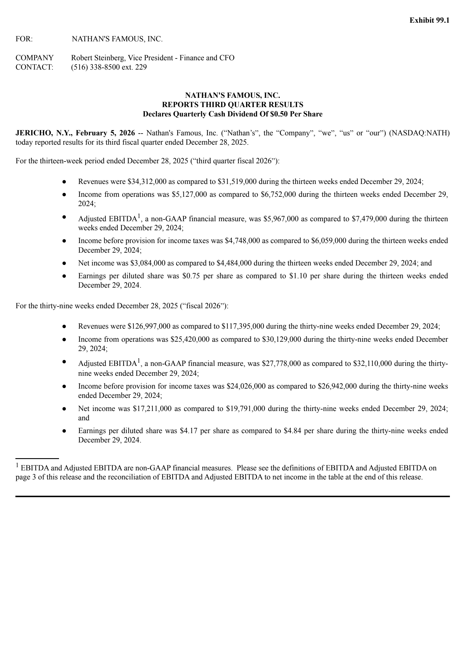Nathan's Famous' Q3 2026 Press Release