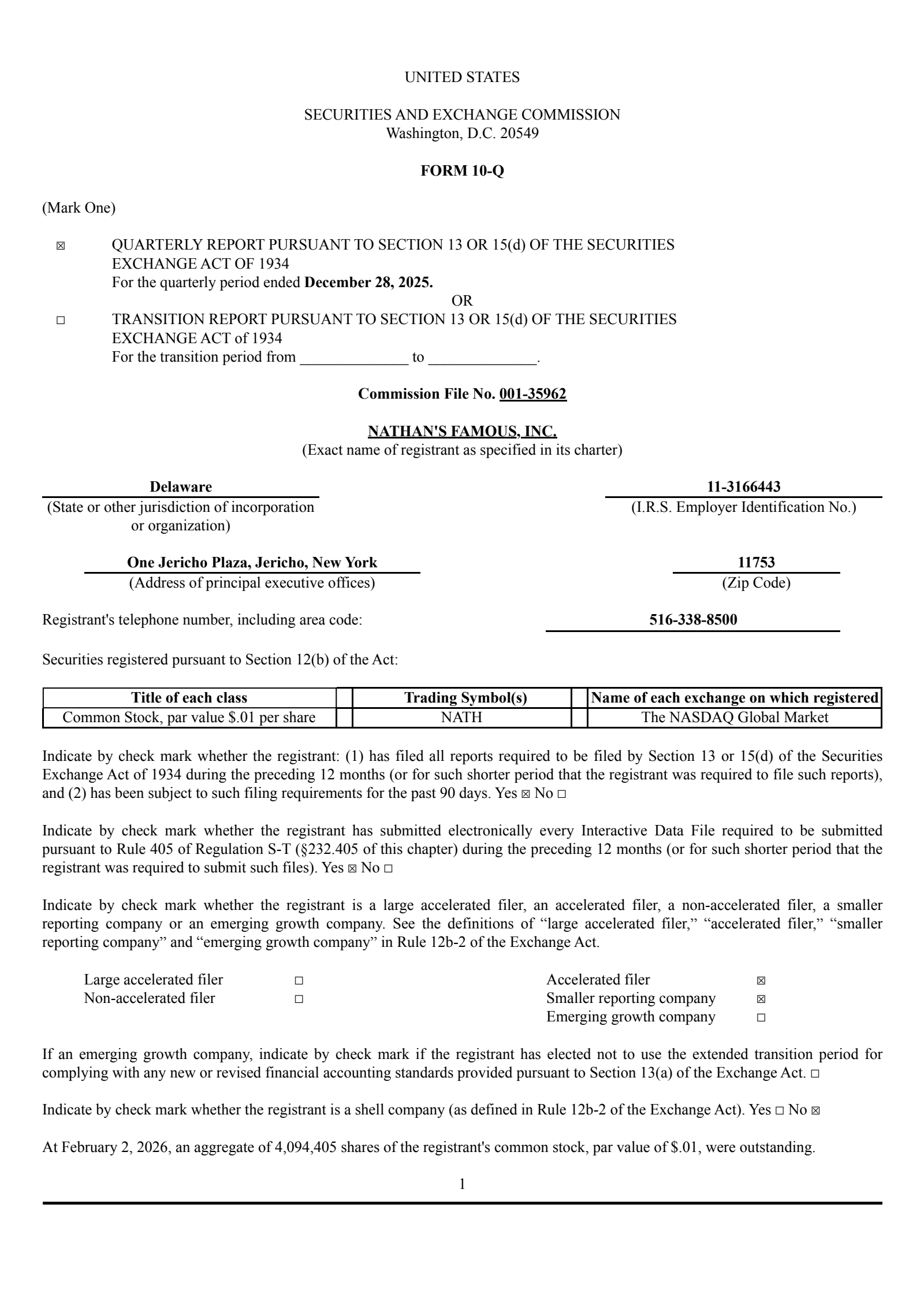 Nathan's Famous' Q3 2026 Quarterly report