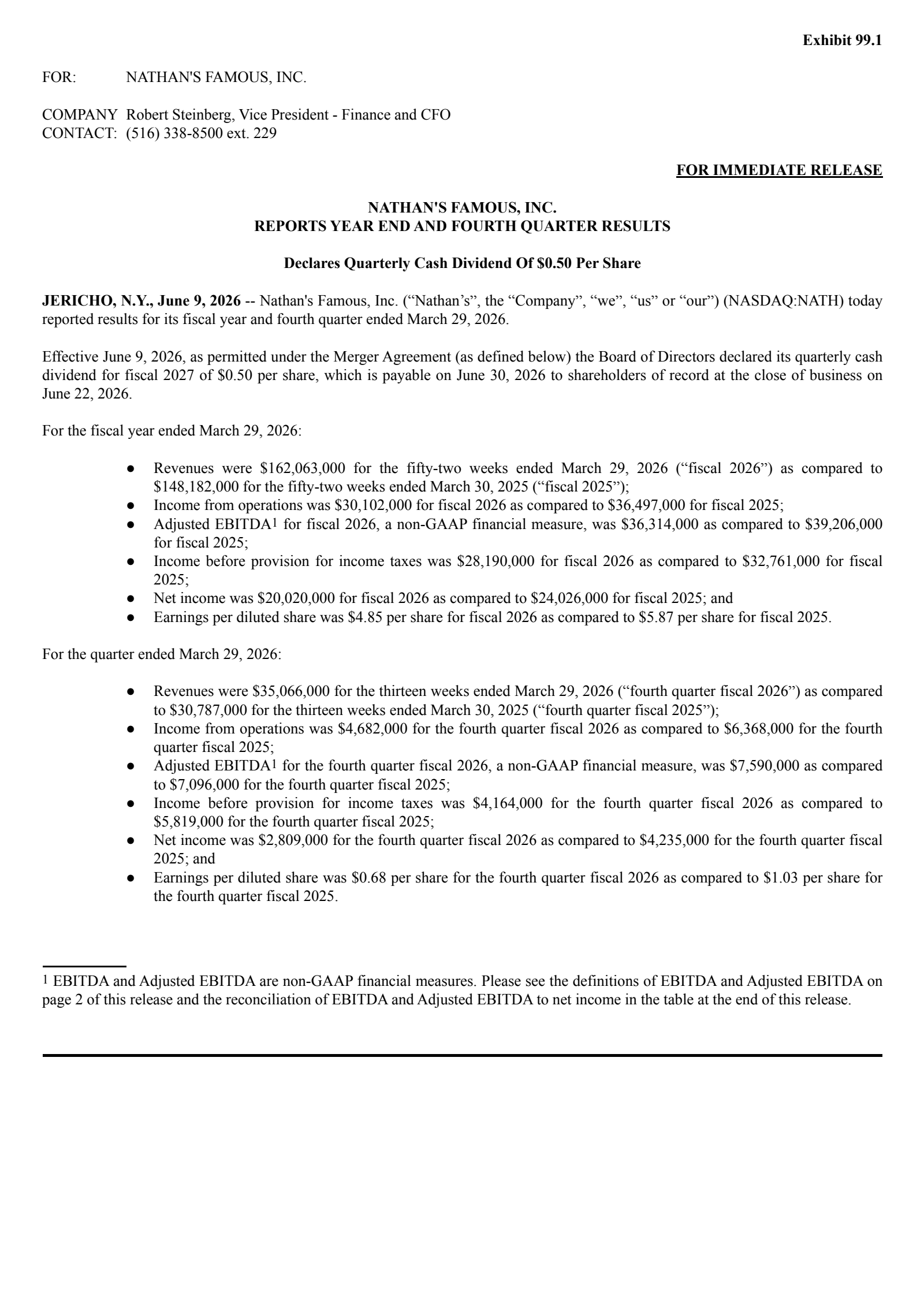 Nathan's Famous' Q4 2026 Press Release