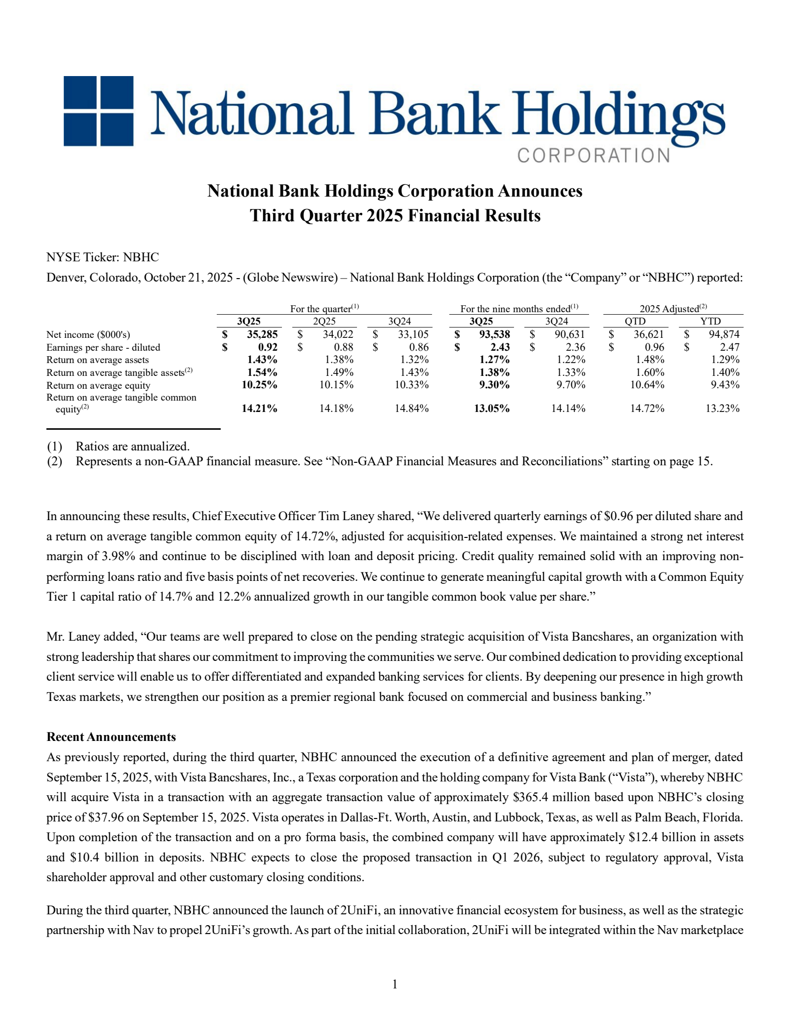 National Bank's Q3 2025 Press Release