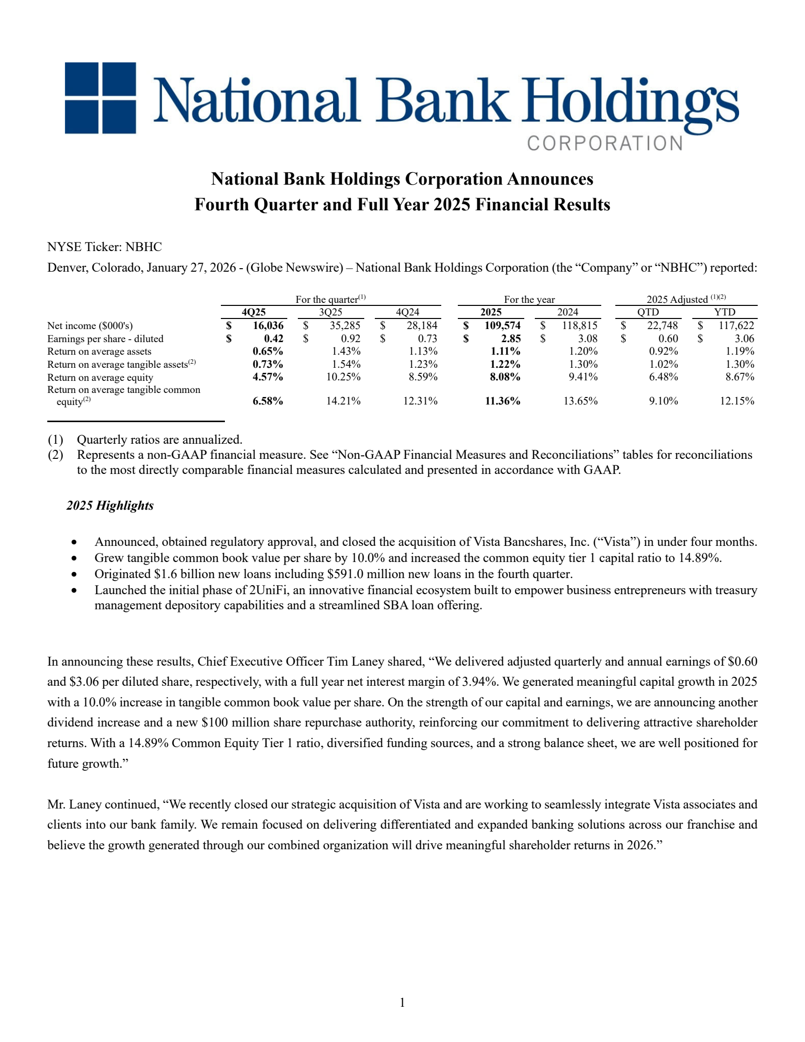 National Bank's Q4 2025 Press Release