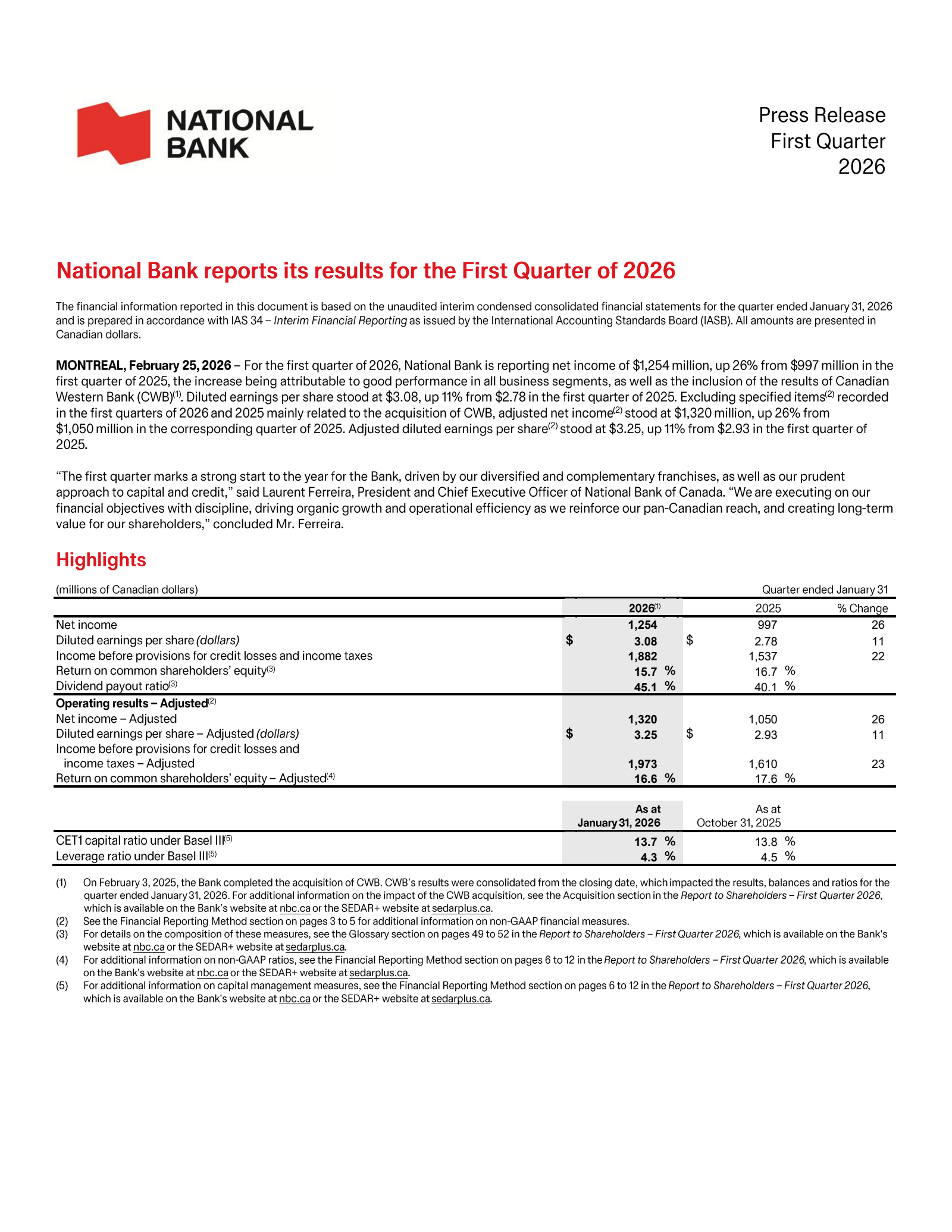 National Bank of Canada's Q1 2026 Press Release