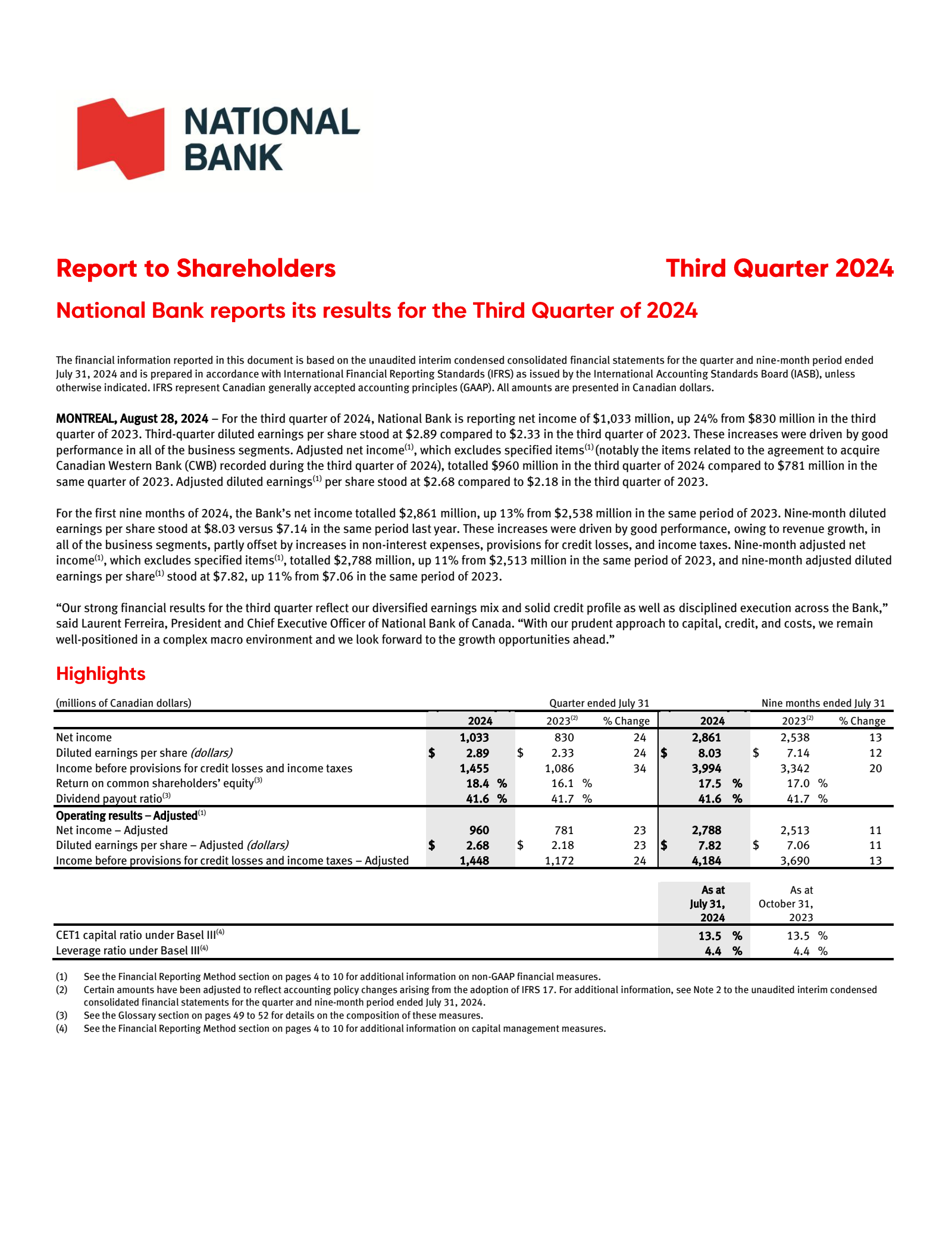 National Bank of Canada's Q3 2024 Interim report