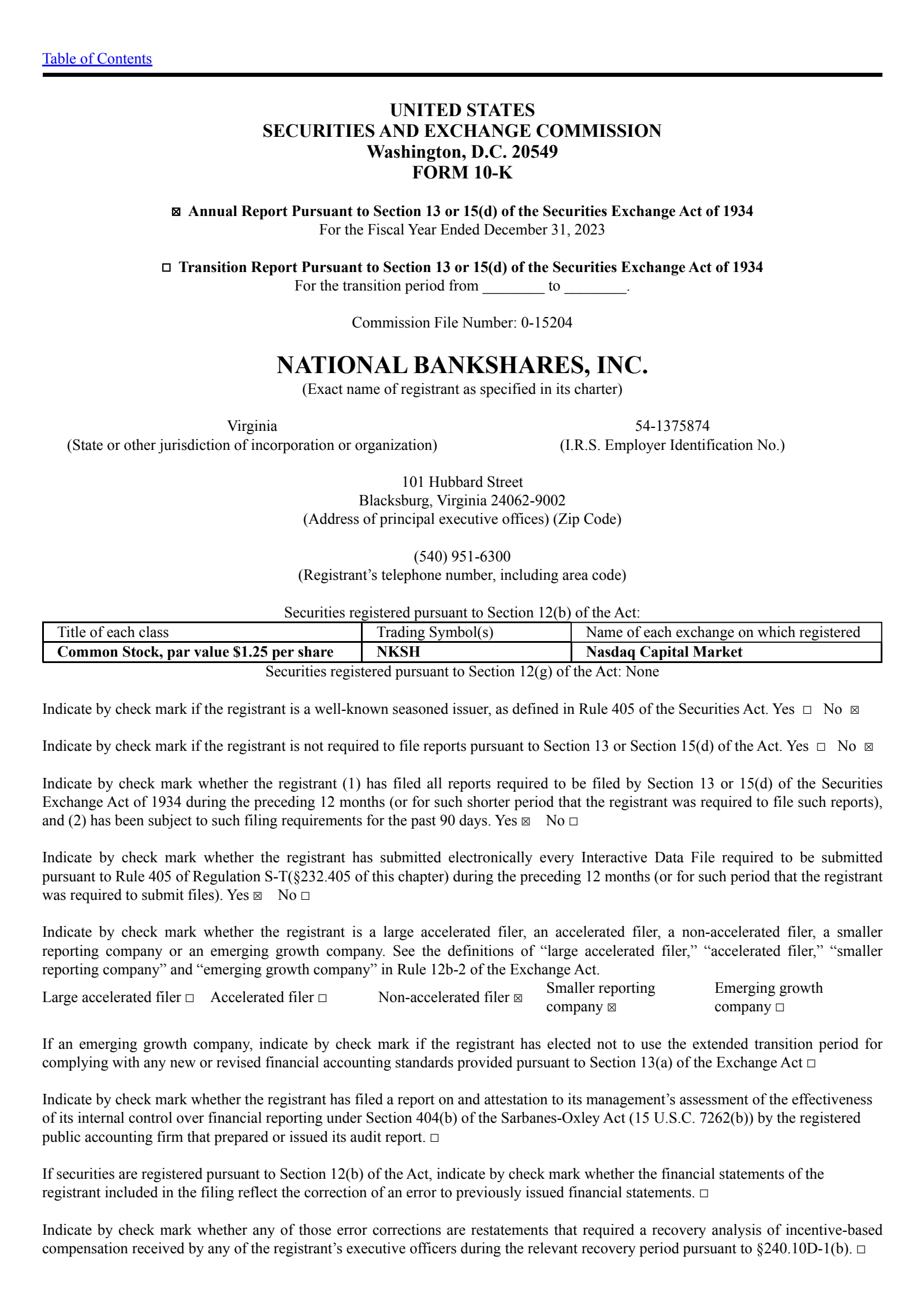 National Bankshares' Q4 2023 Annual report
