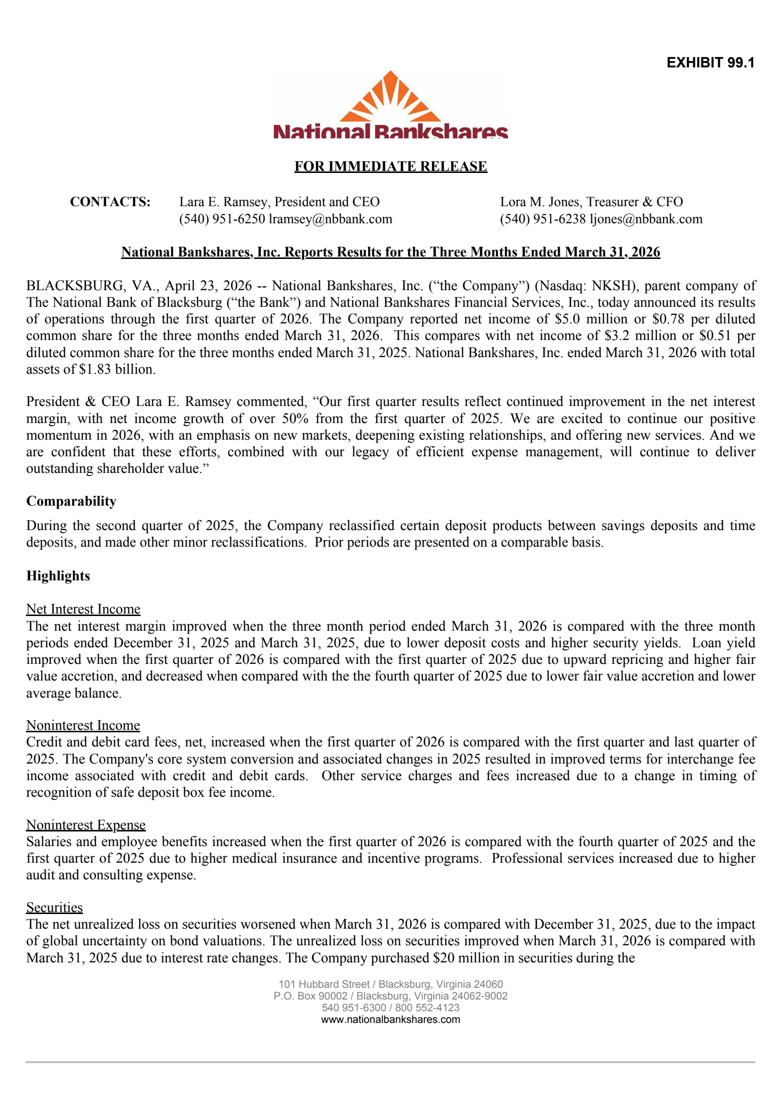 National Bankshares' Q1 2026 Press Release