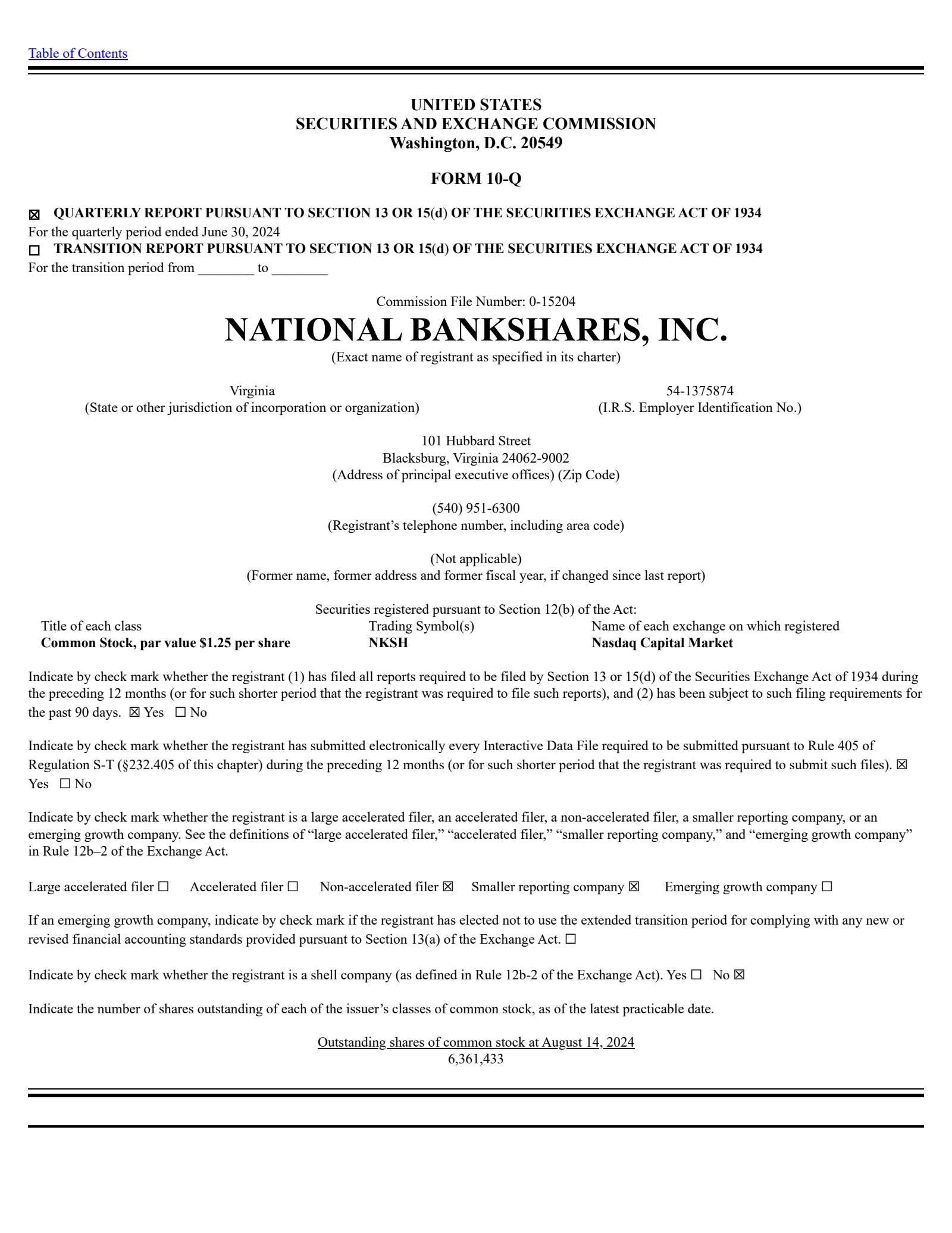 National Bankshares' Q2 2024 Quarterly Report