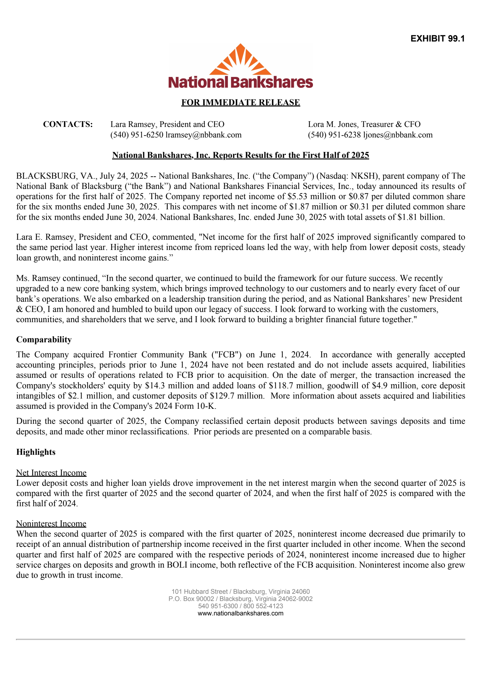 National Bankshares' Q2 2025 Press Release