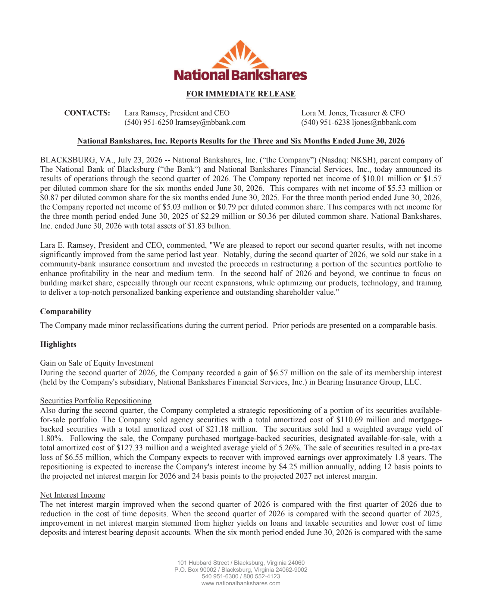 National Bankshares' Q2 2026 Press Release