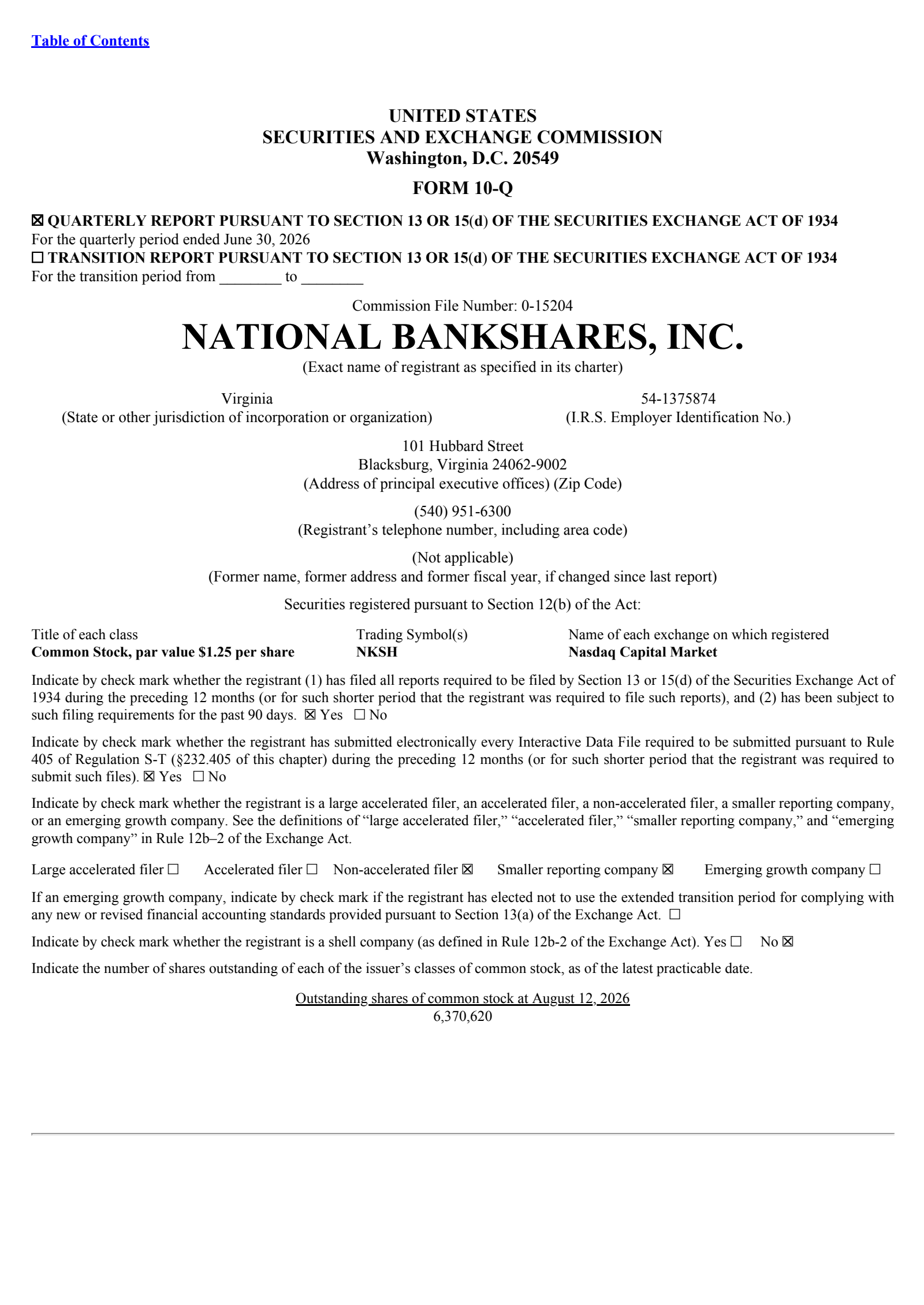National Bankshares' Q2 2026 Quarterly report