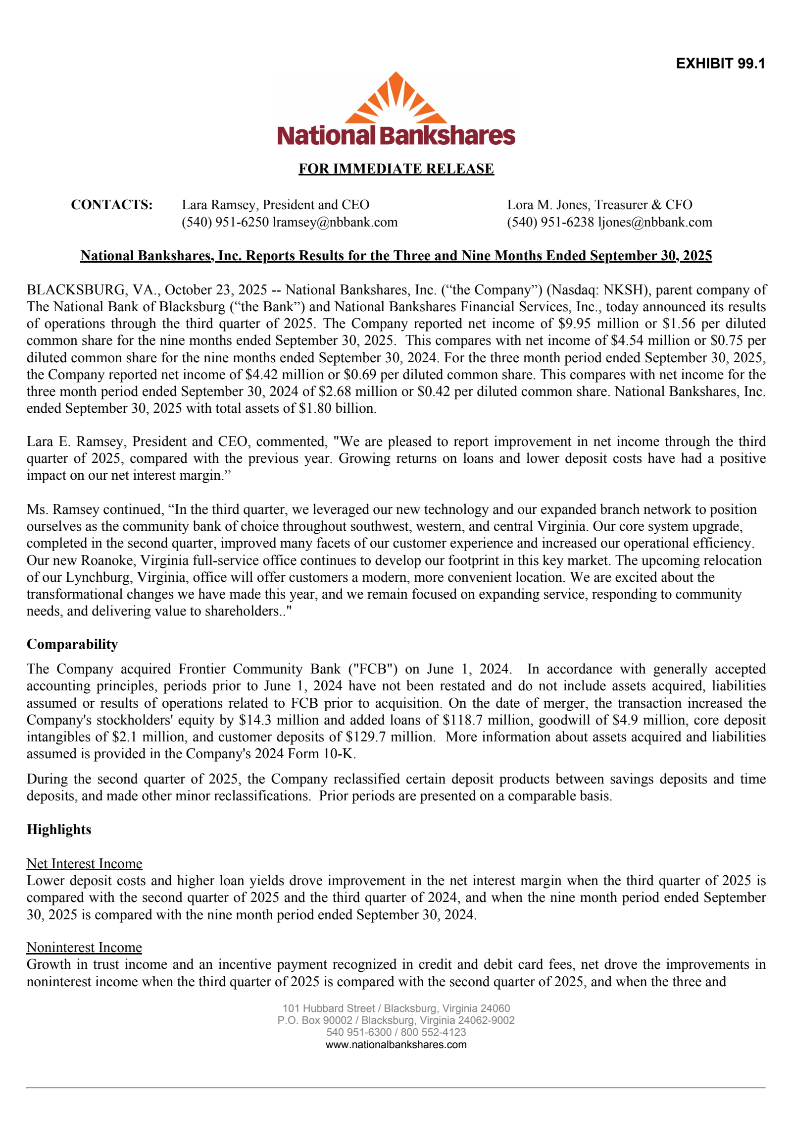 National Bankshares' Q3 2025 Earnings Release