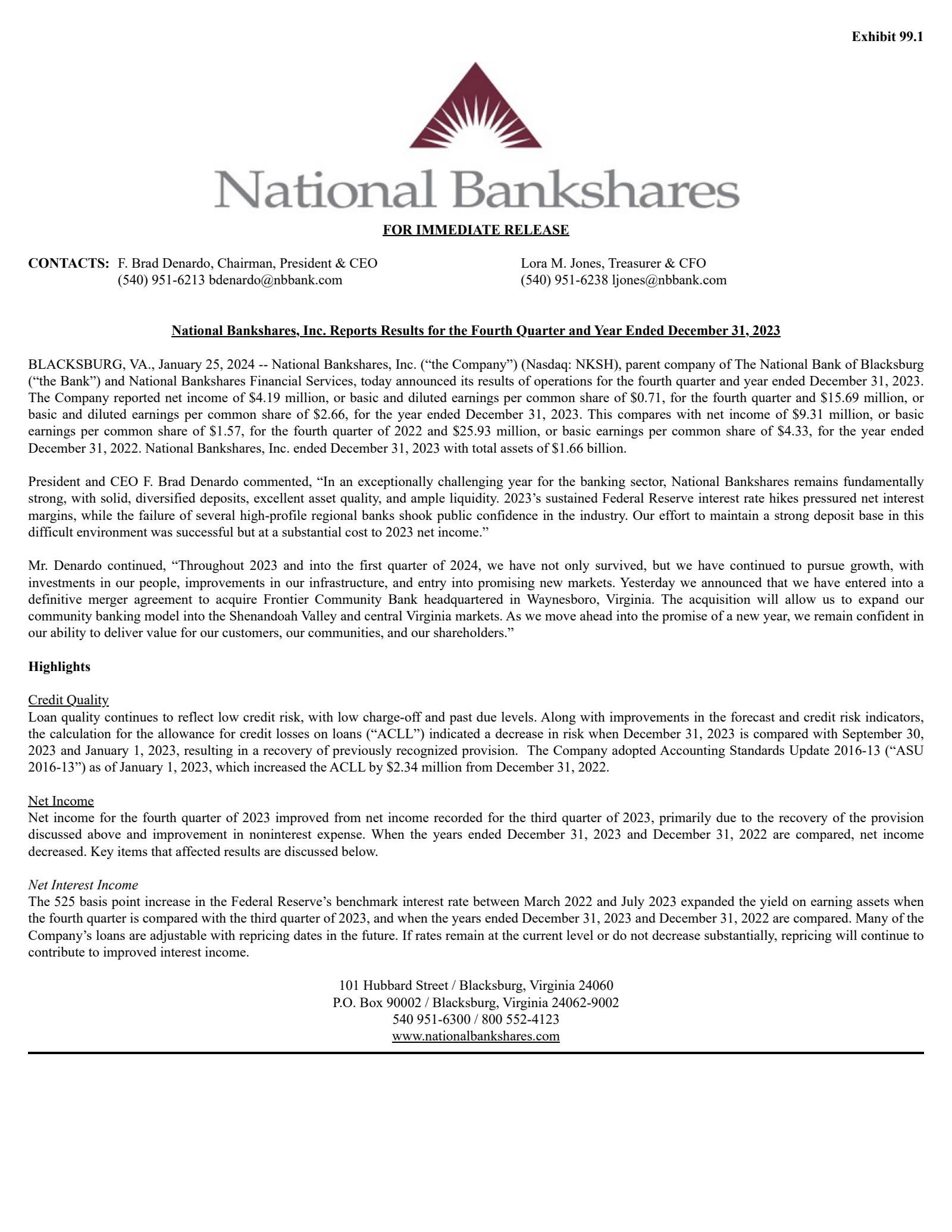 National Bankshares' Q4 2023 Press Release