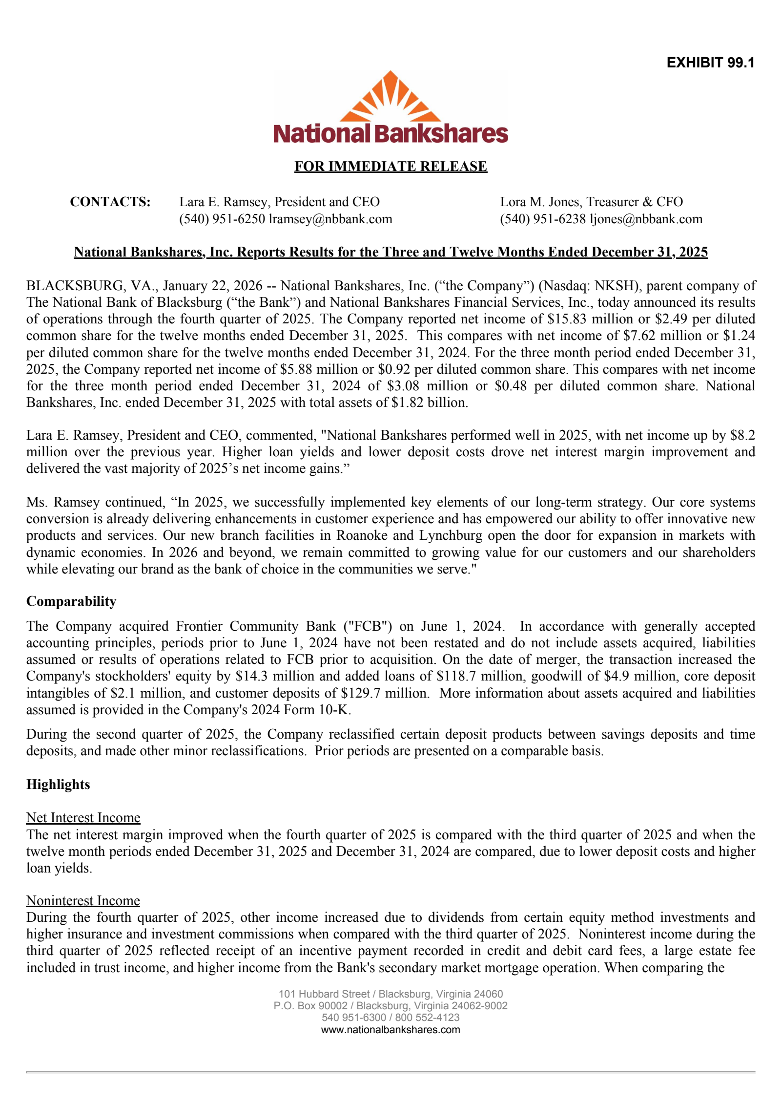 National Bankshares' Q4 2025 Press Release