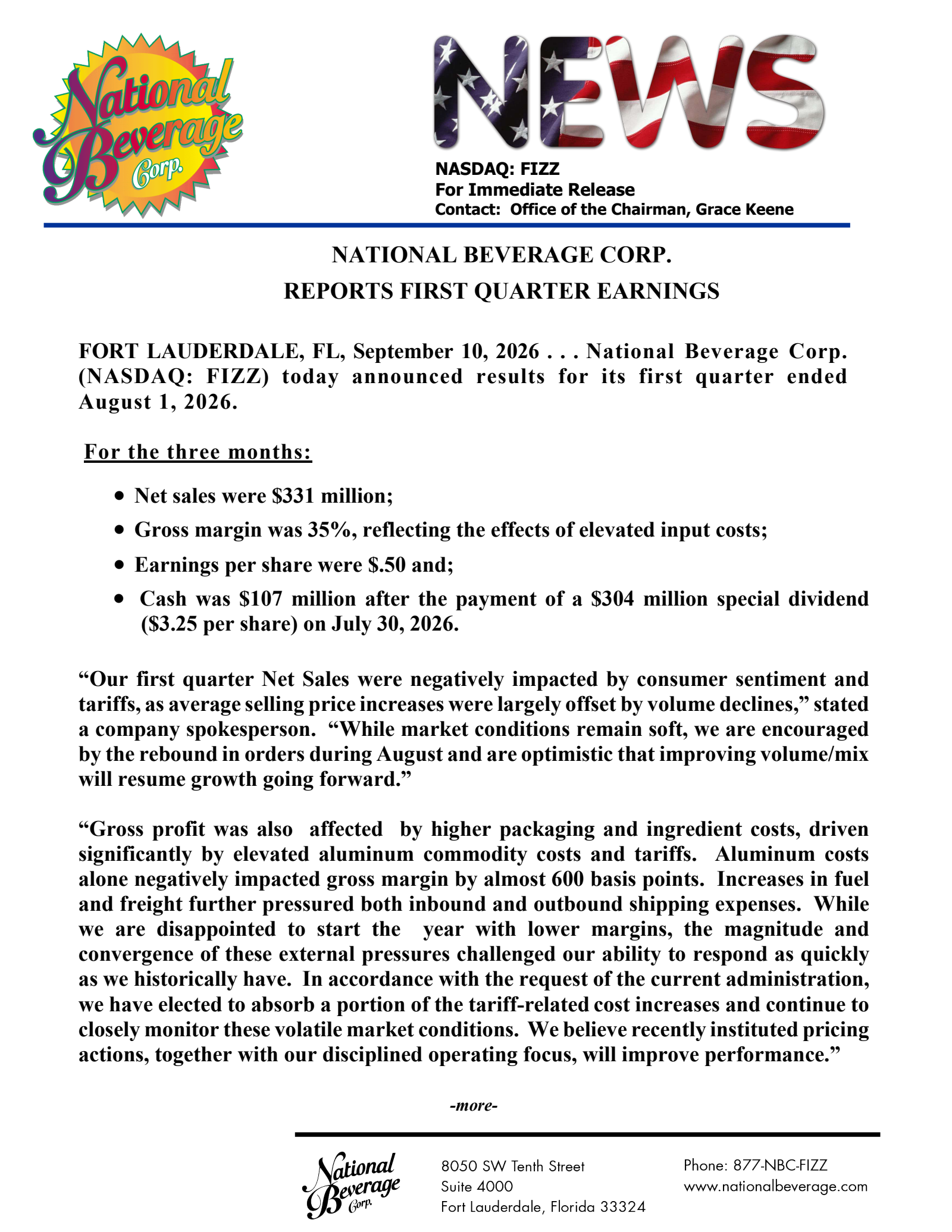National Beverage's Q1 2027 Press Release