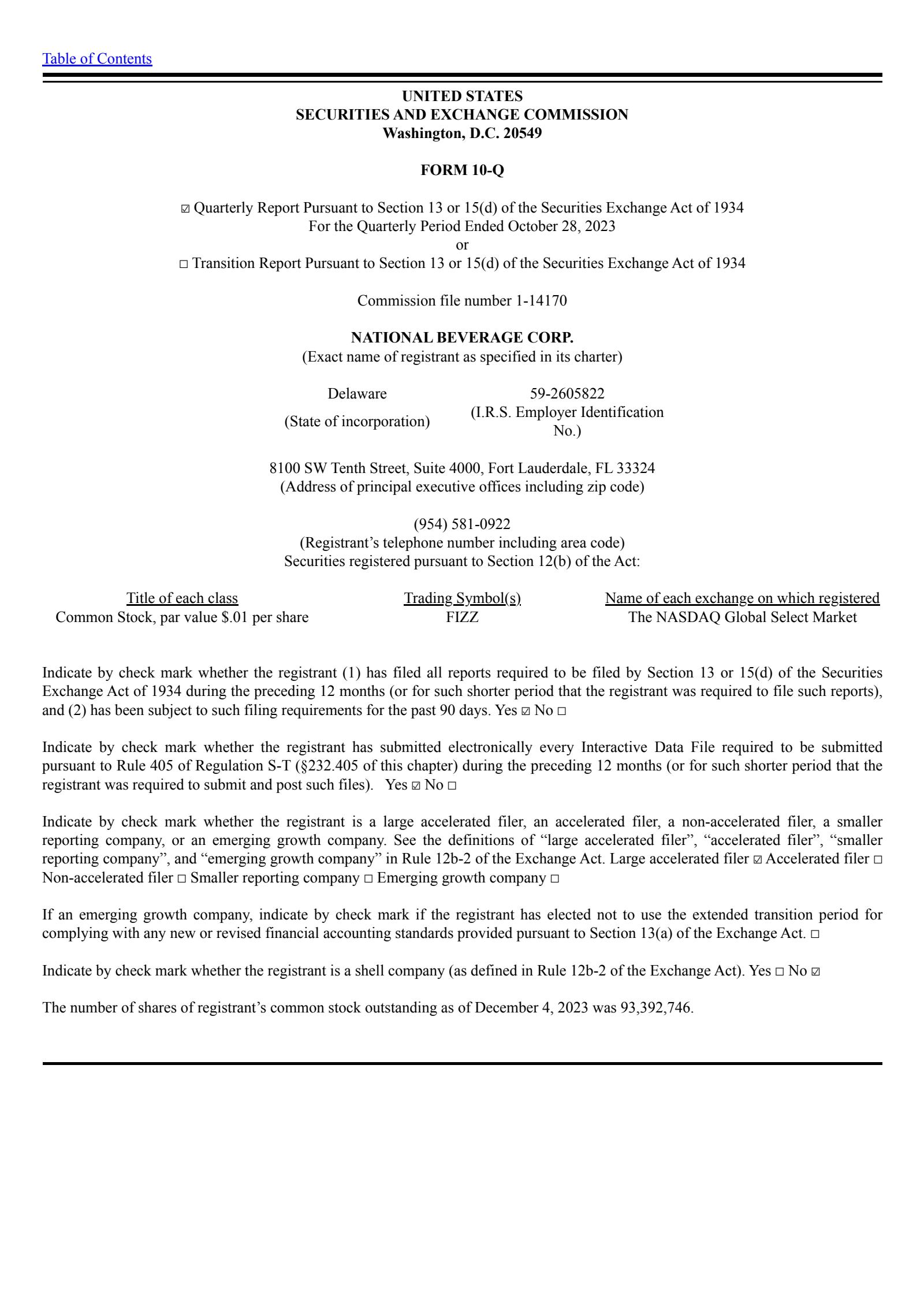 National Beverage's Q2 2024 Quarterly report