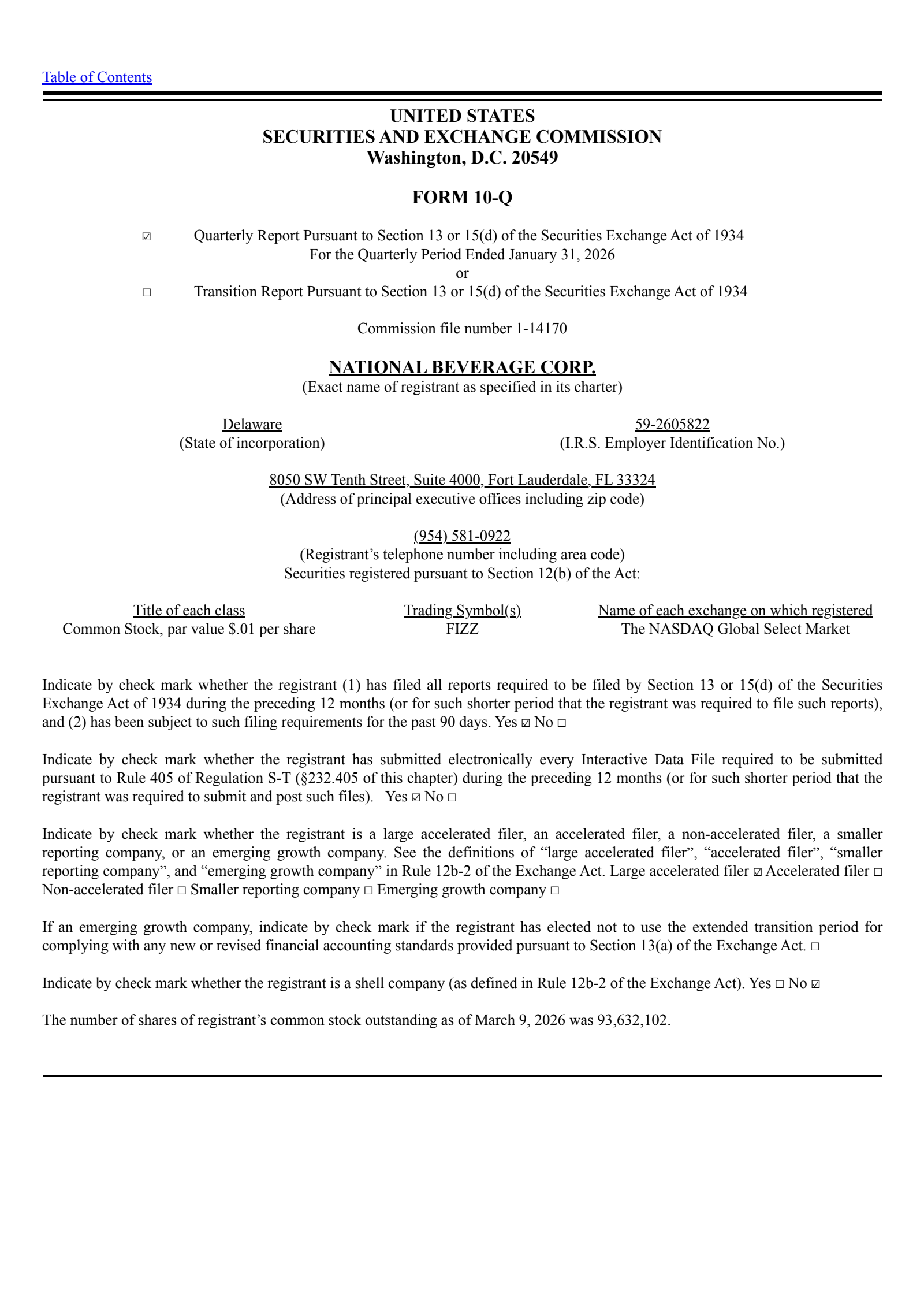 National Beverage's Q3 2026 Quarterly report
