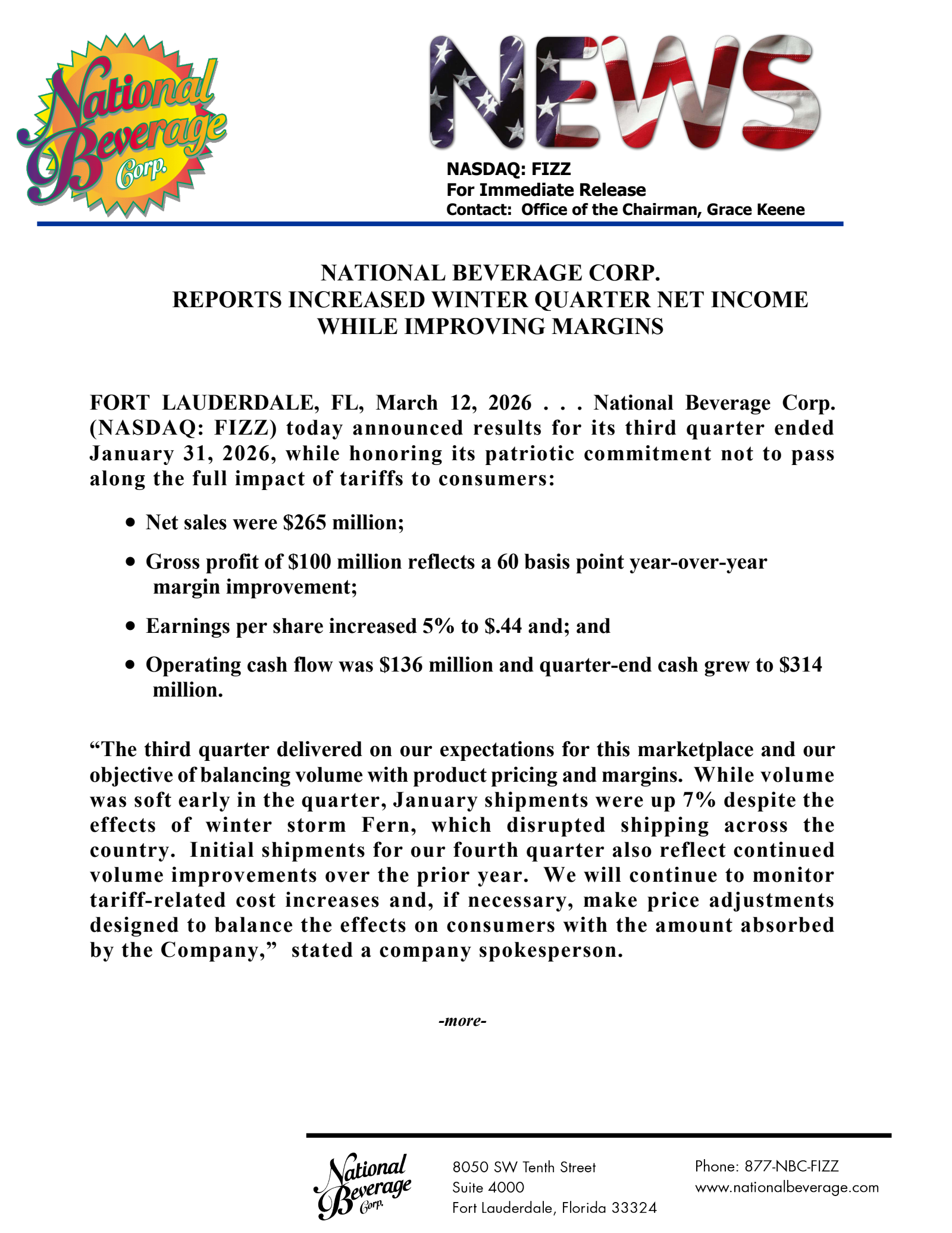National Beverage's Q3 2026 Press Release