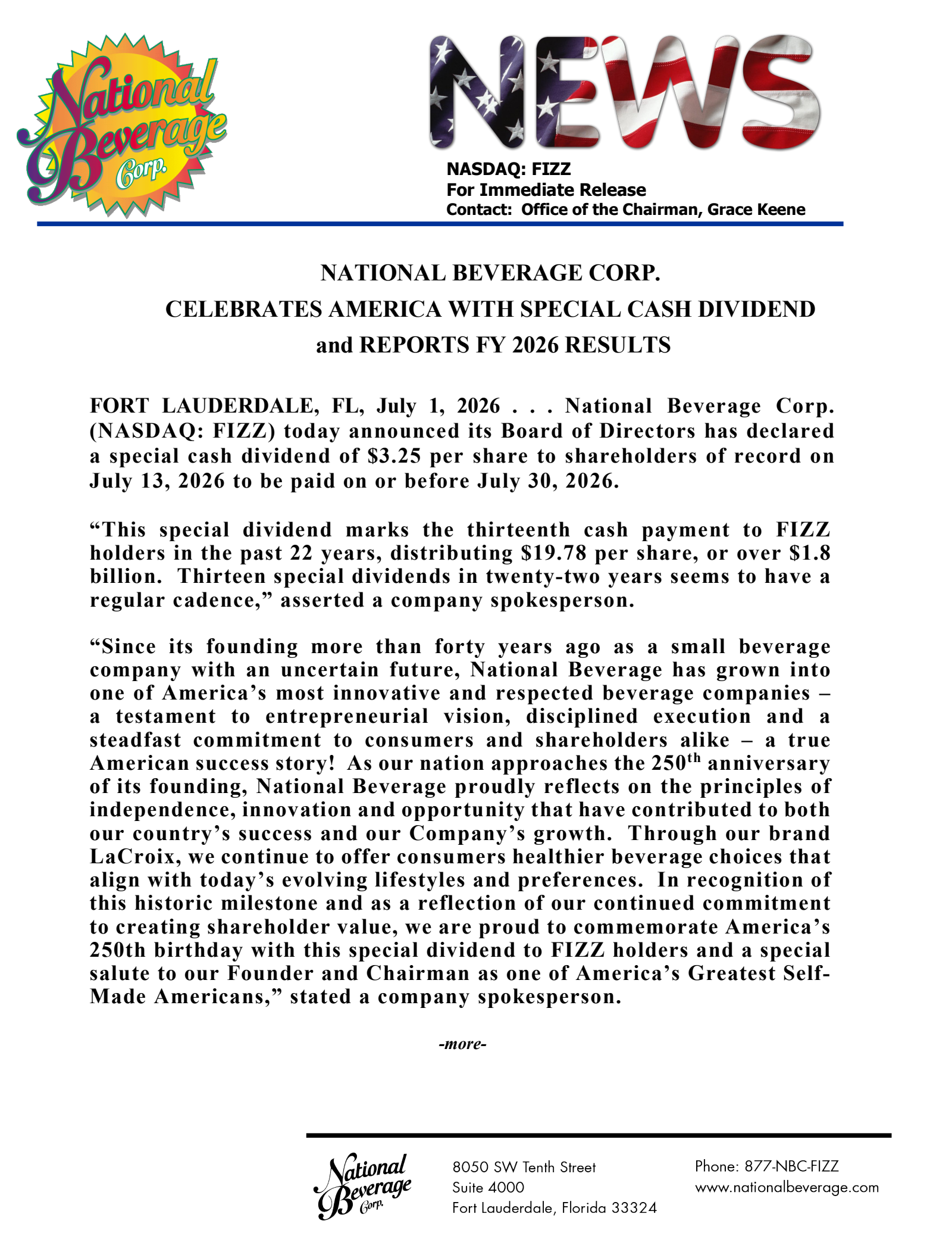 National Beverage's Q4 2026 Press Release