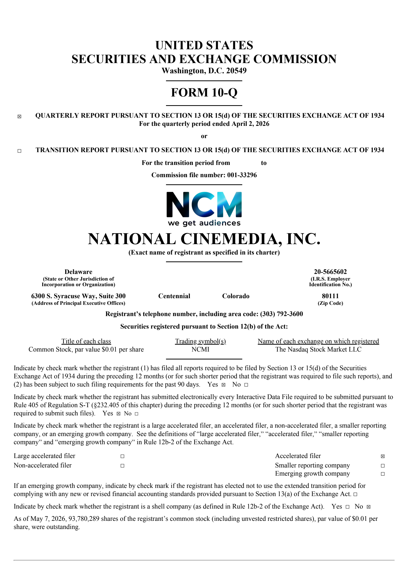 National CineMedia's Q1 2026 Quarterly report