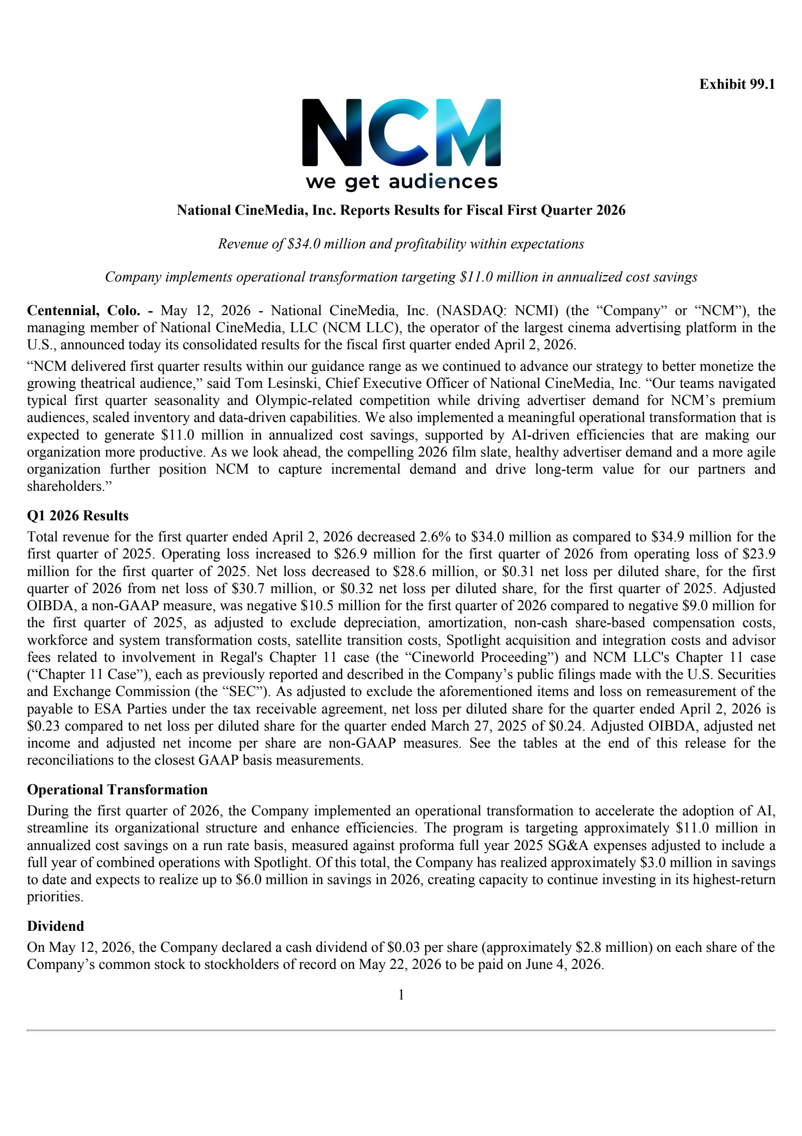 National CineMedia's Q1 2026 Press Release