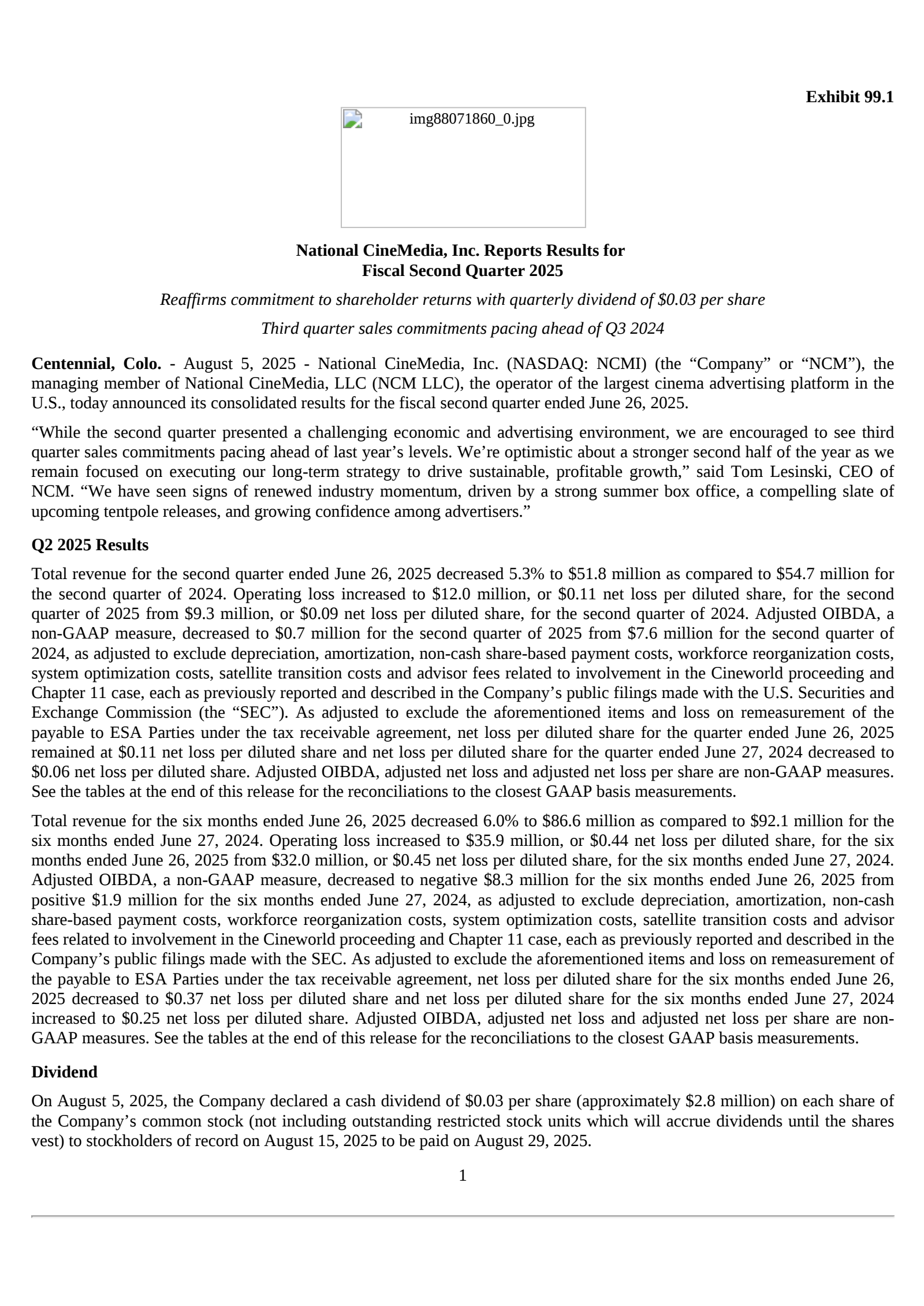 National CineMedia's Q2 2025 Press Release