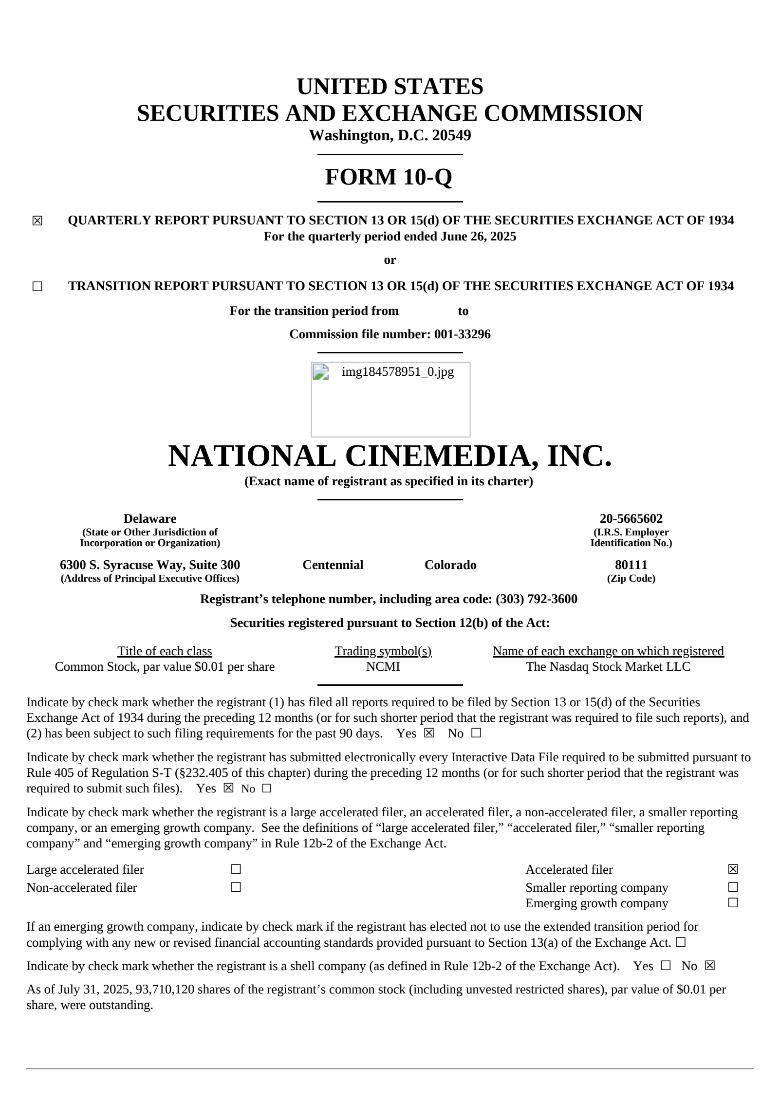 National CineMedia's Q2 2025 Quarterly report